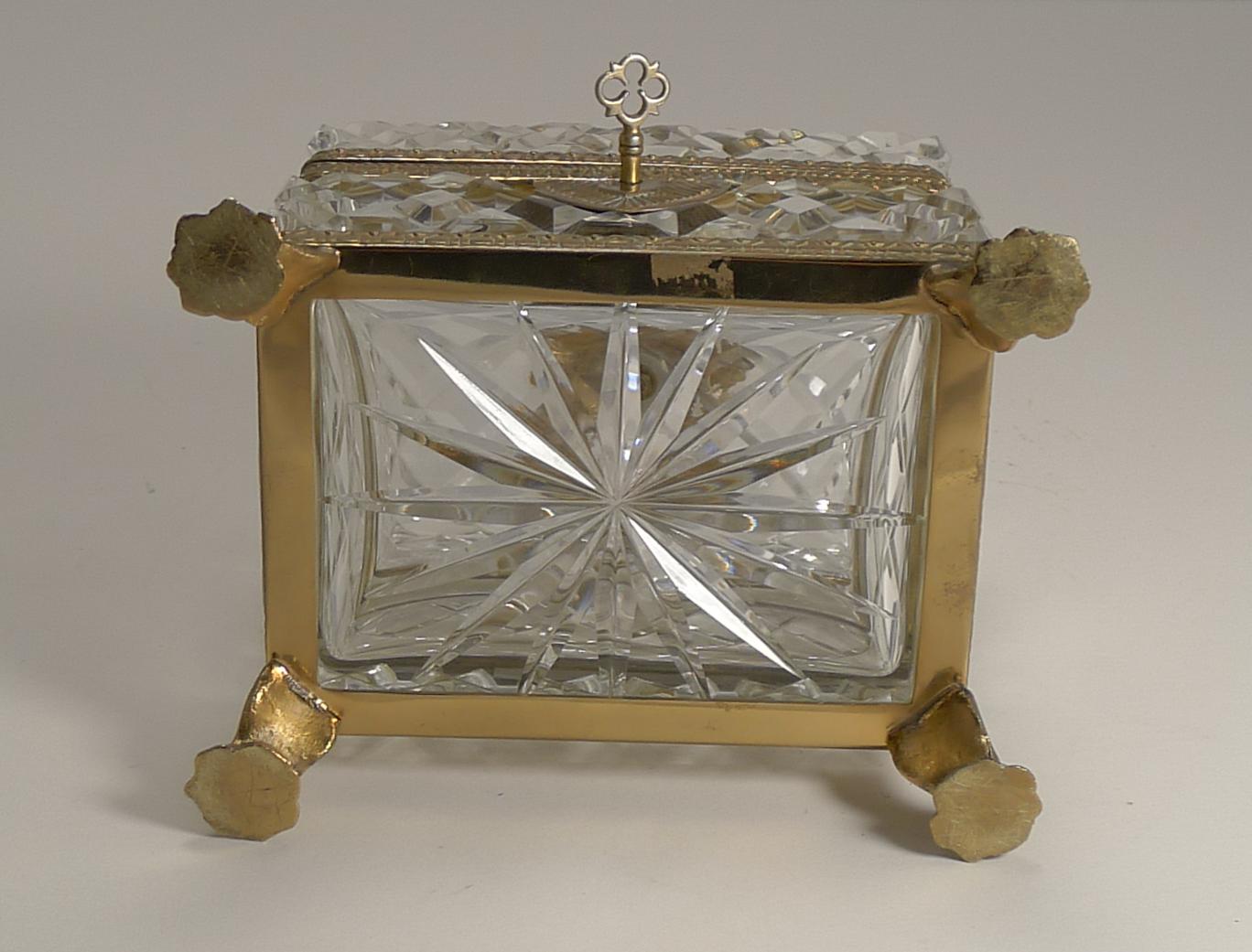 Early 20th Century Figural French Cut Crystal and Gilded Bronze Jewelry Casket or Box, circa 1900