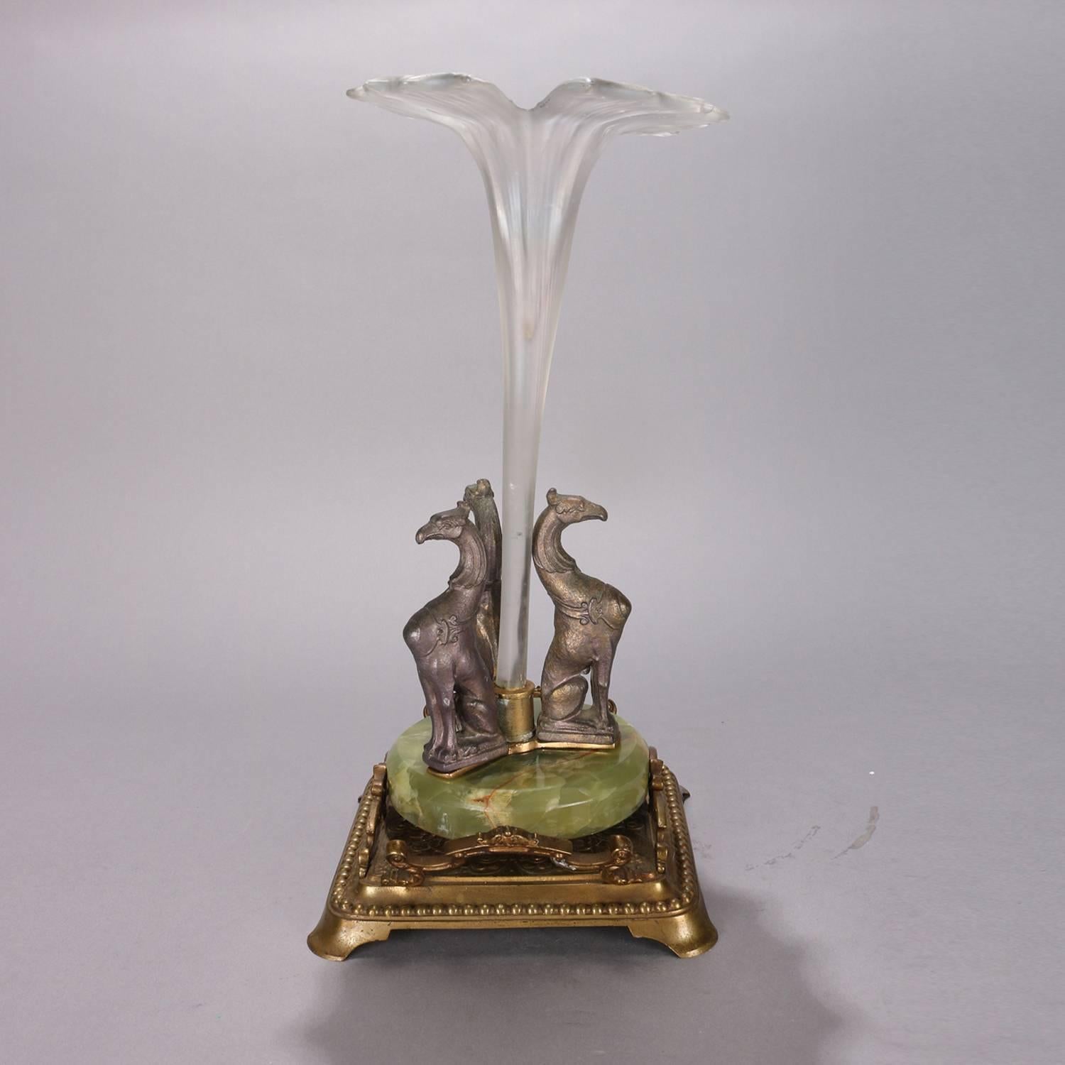 Victorian Figural French Gilt Metal Onyx and Art Glass Tulip Gryphon Orchid Epergne