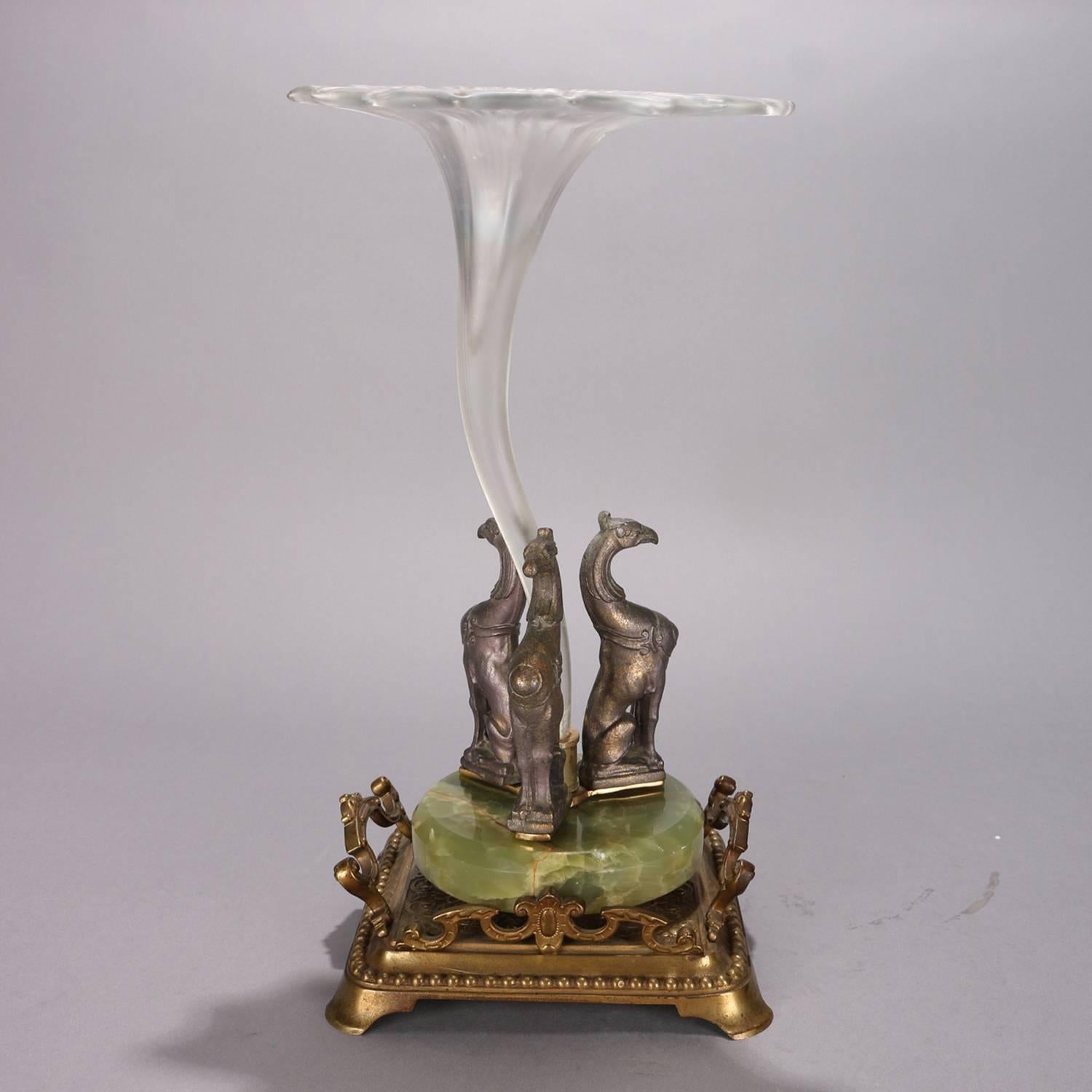 Cast Figural French Gilt Metal Onyx and Art Glass Tulip Gryphon Orchid Epergne