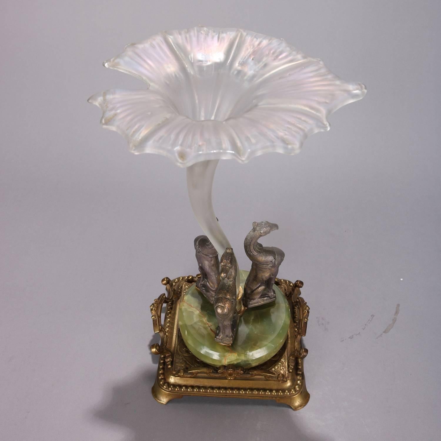 Figural French Gilt Metal Onyx and Art Glass Tulip Gryphon Orchid Epergne In Good Condition In Big Flats, NY