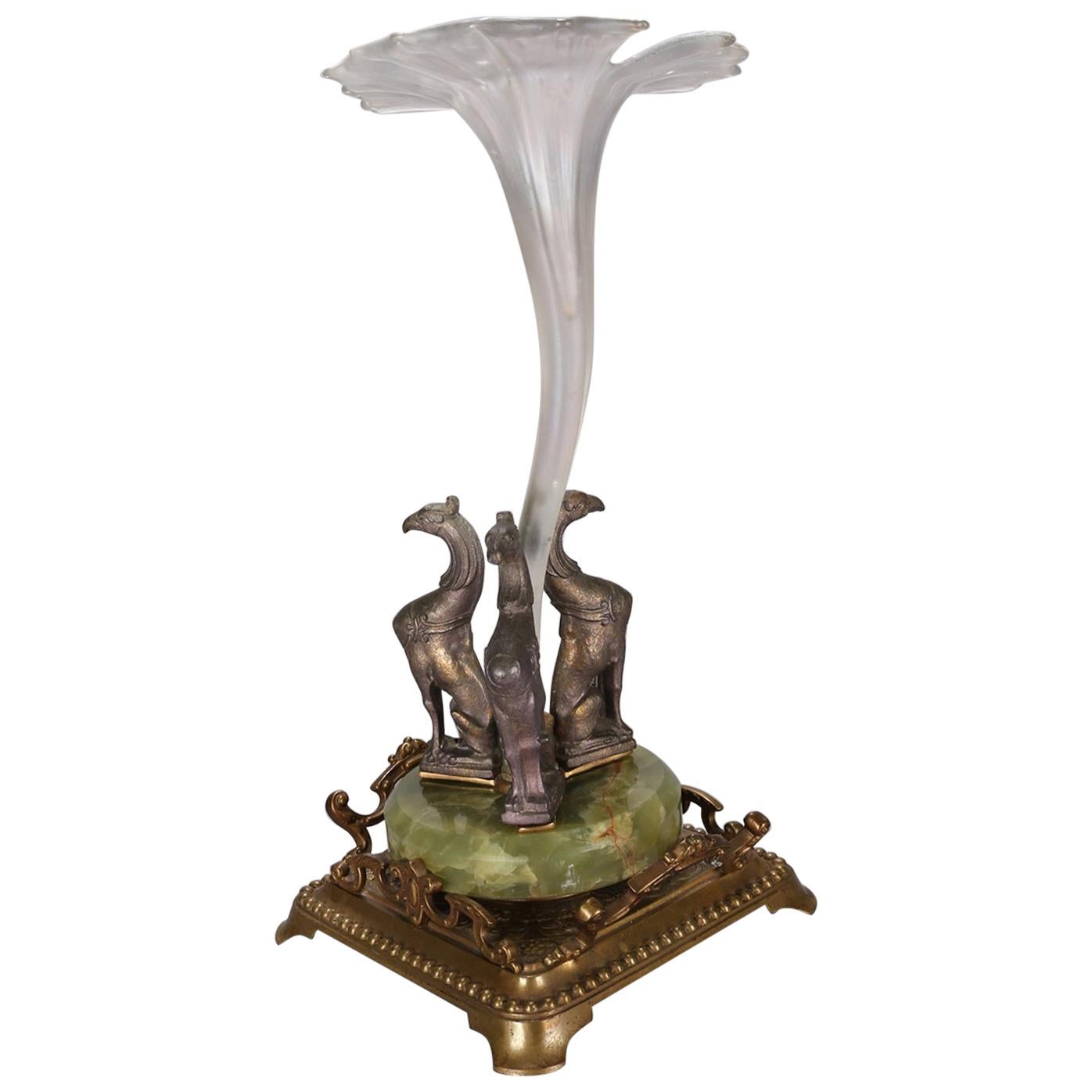 Figural French Gilt Metal Onyx and Art Glass Tulip Gryphon Orchid Epergne
