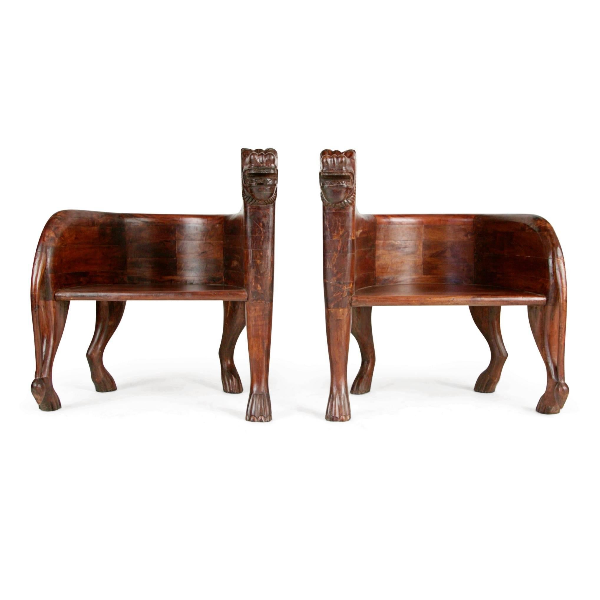 Figural Full Body Carved Teak Lioness Club Chairs 4