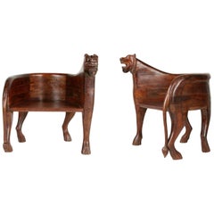 Figural Full Body Carved Teak Lioness Club Chairs