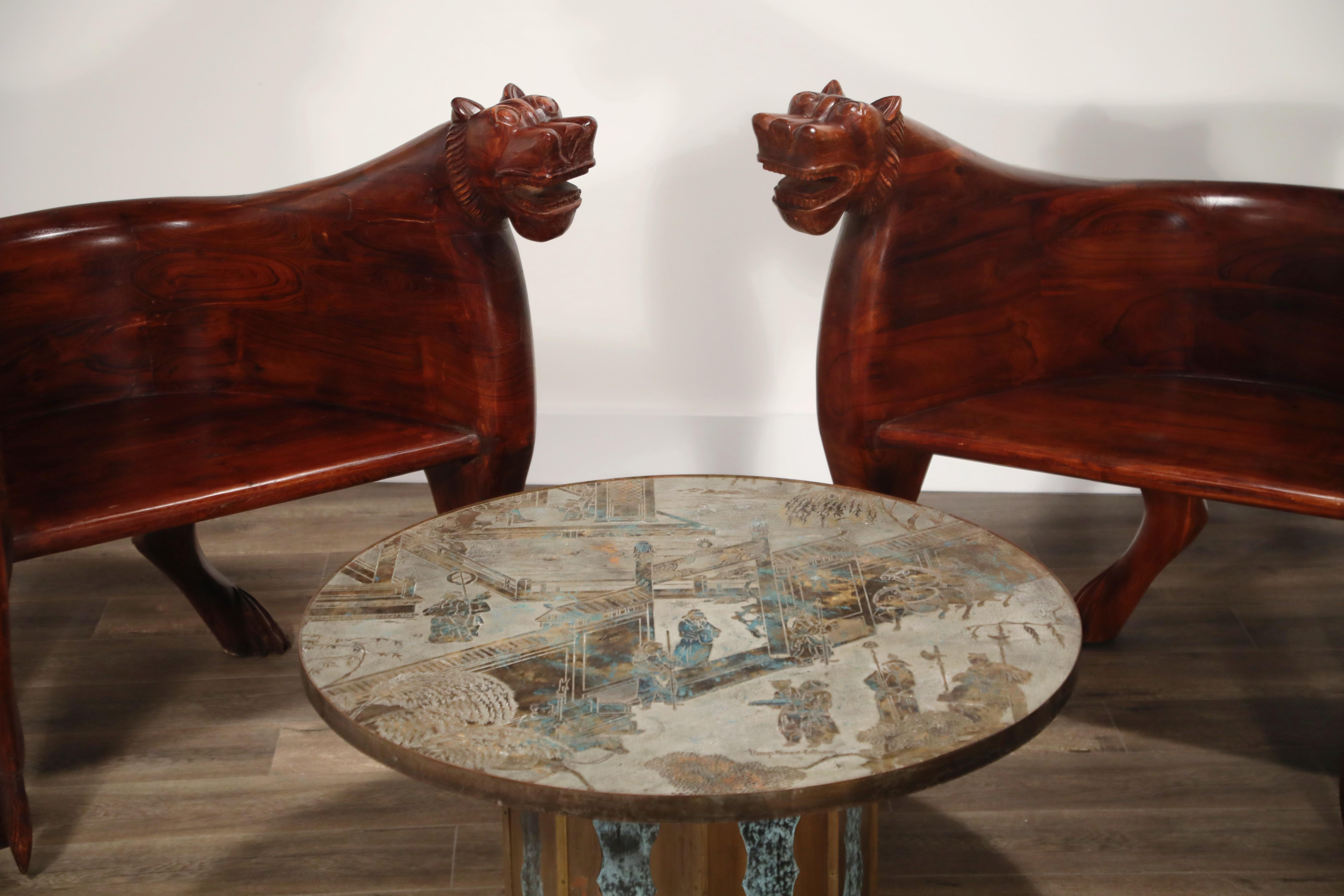 Figural Full Body Carved Teak Wood Lioness Club Chairs, Pair 8