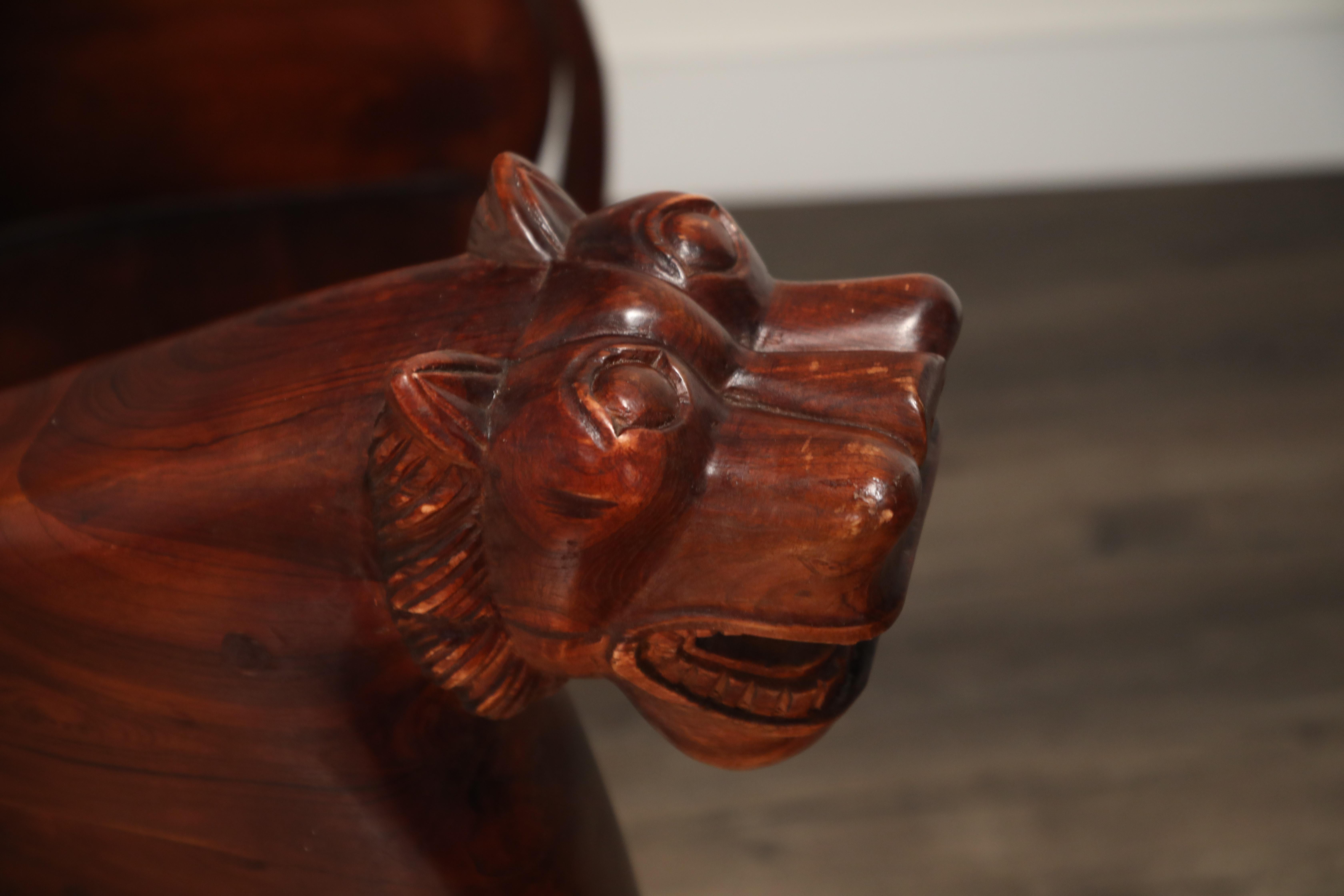 Figural Full Body Carved Teak Wood Lioness Club Chairs, Pair 9