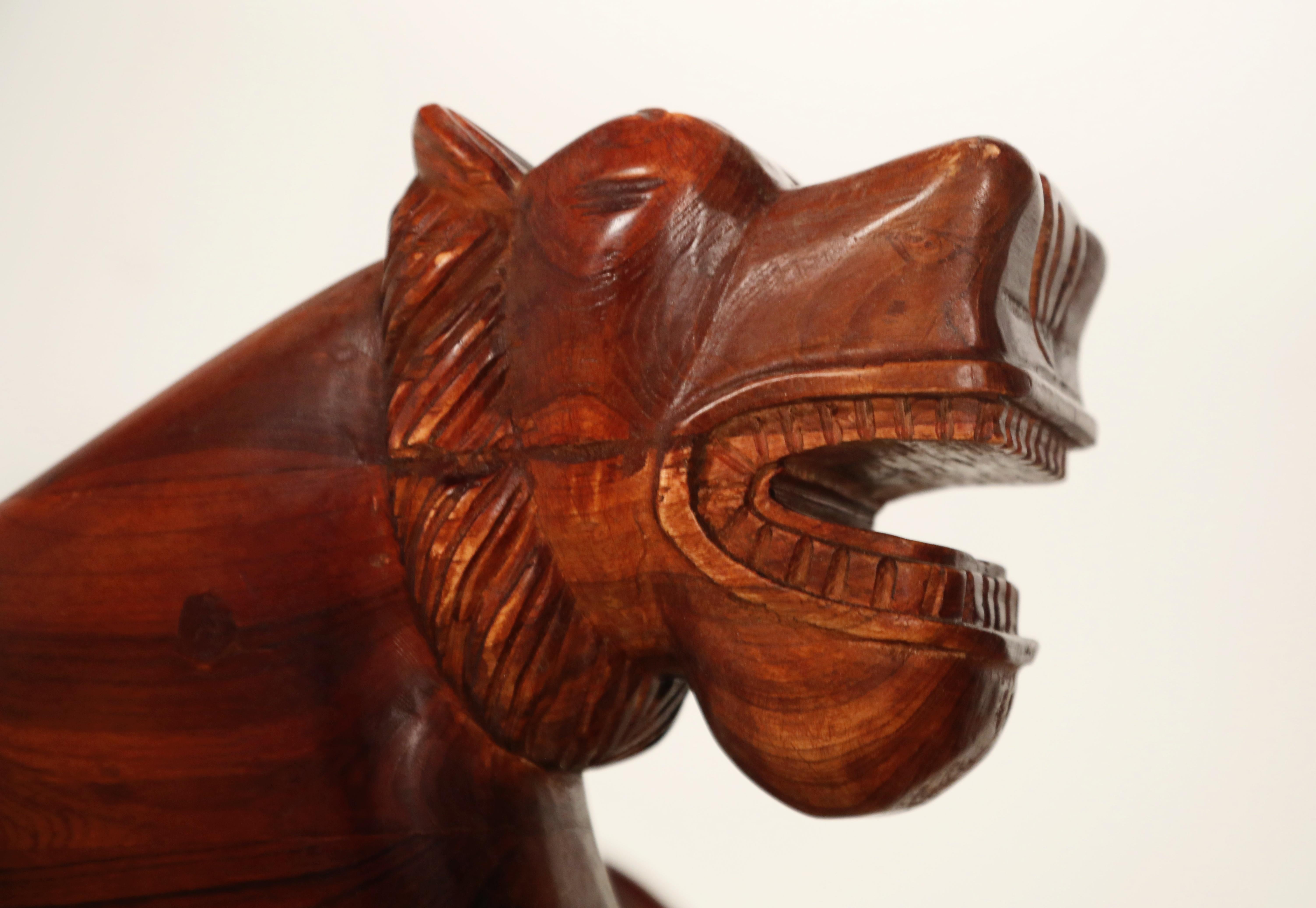 Figural Full Body Carved Teak Wood Lioness Club Chairs, Pair 11