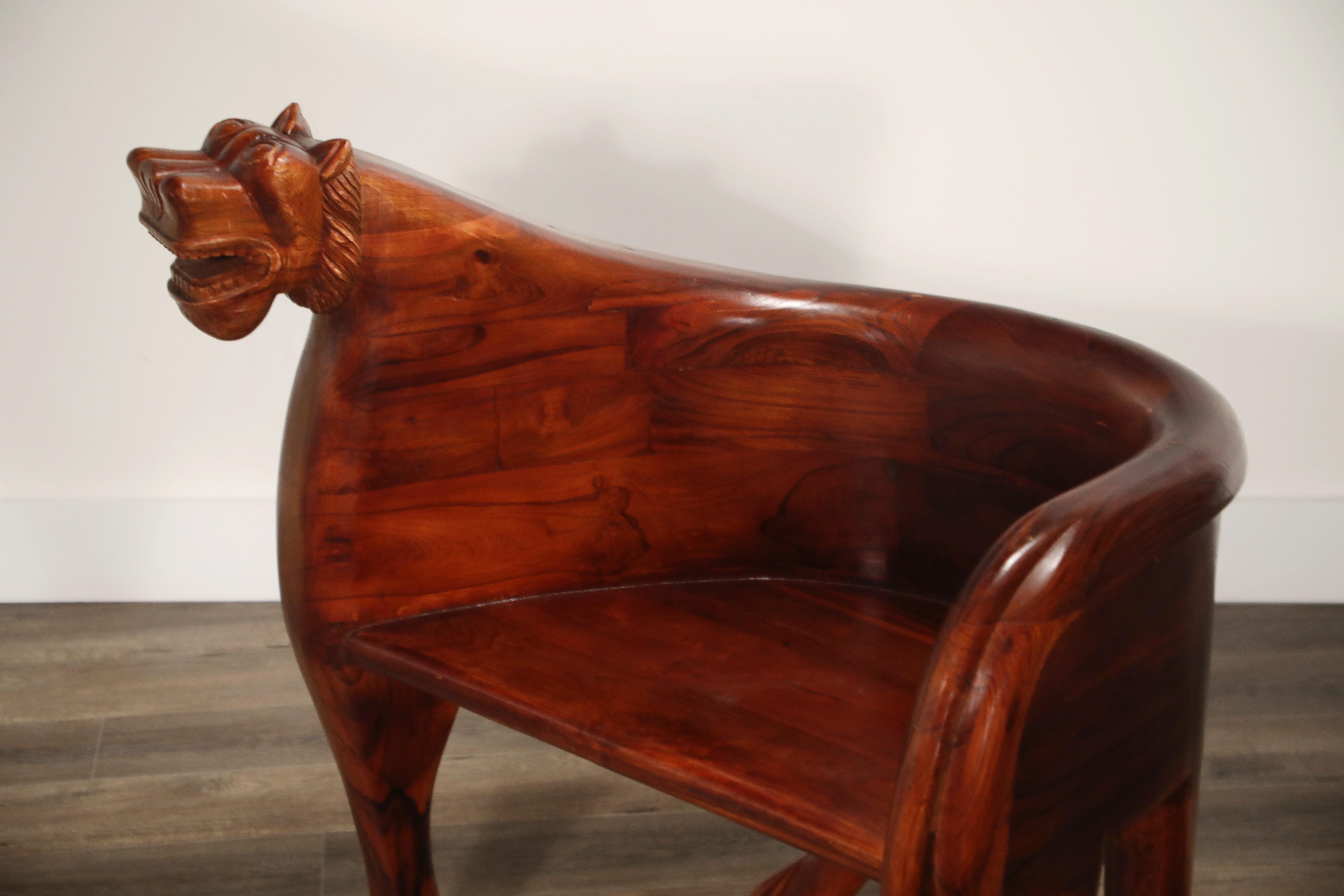 Figural Full Body Carved Teak Wood Lioness Club Chairs, Pair 13
