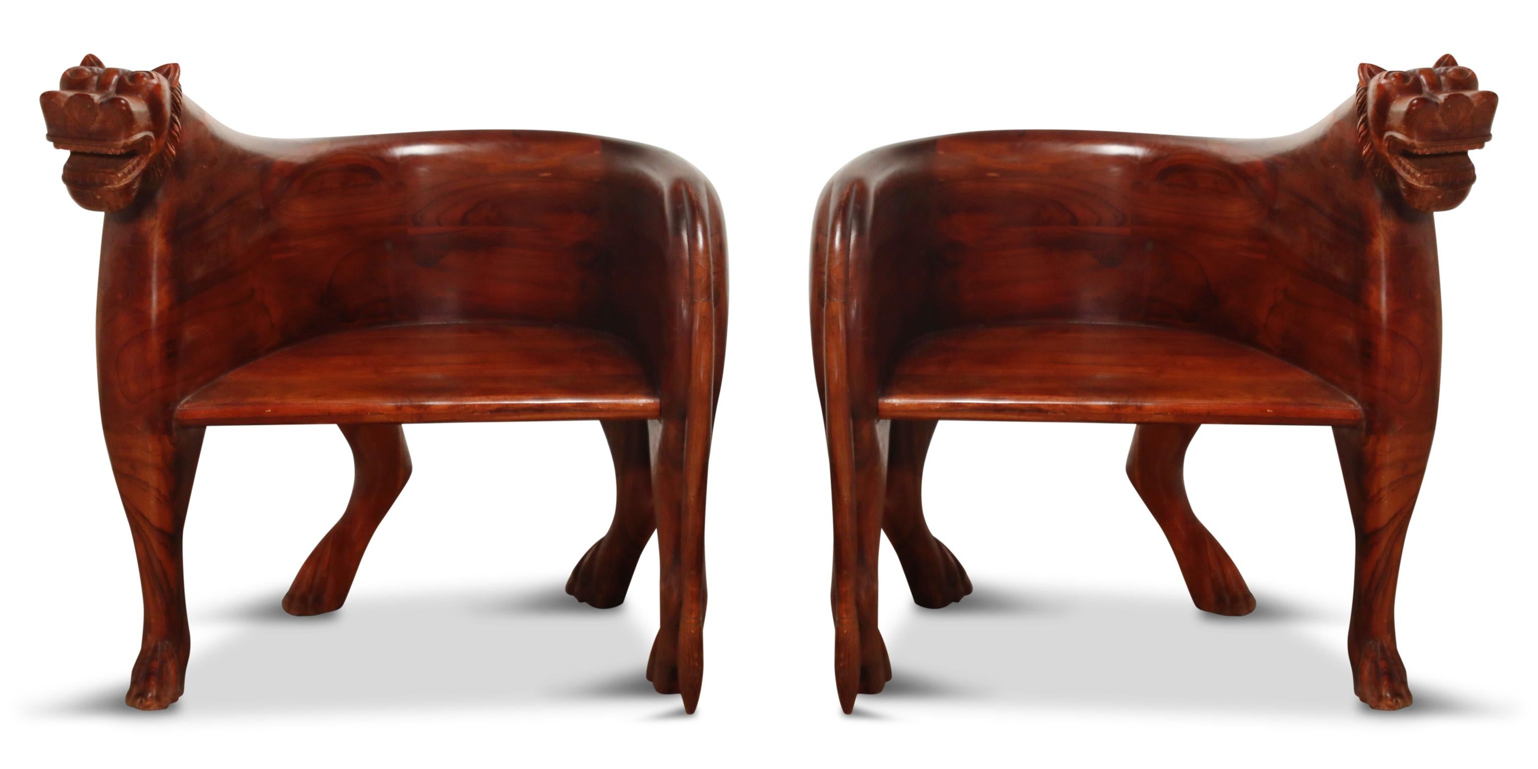 Figural Full Body Carved Teak Wood Lioness Club Chairs, Pair 15