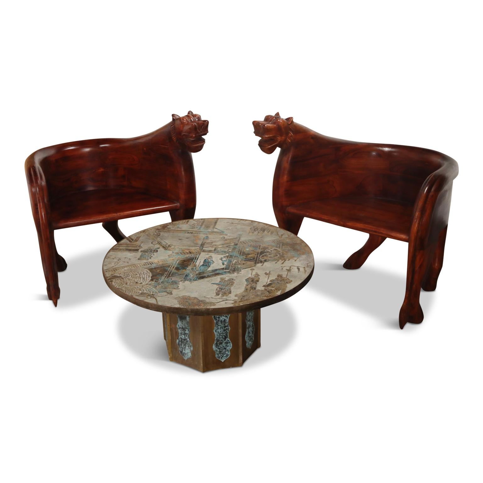 Organic Modern Figural Full Body Carved Teak Wood Lioness Club Chairs, Pair