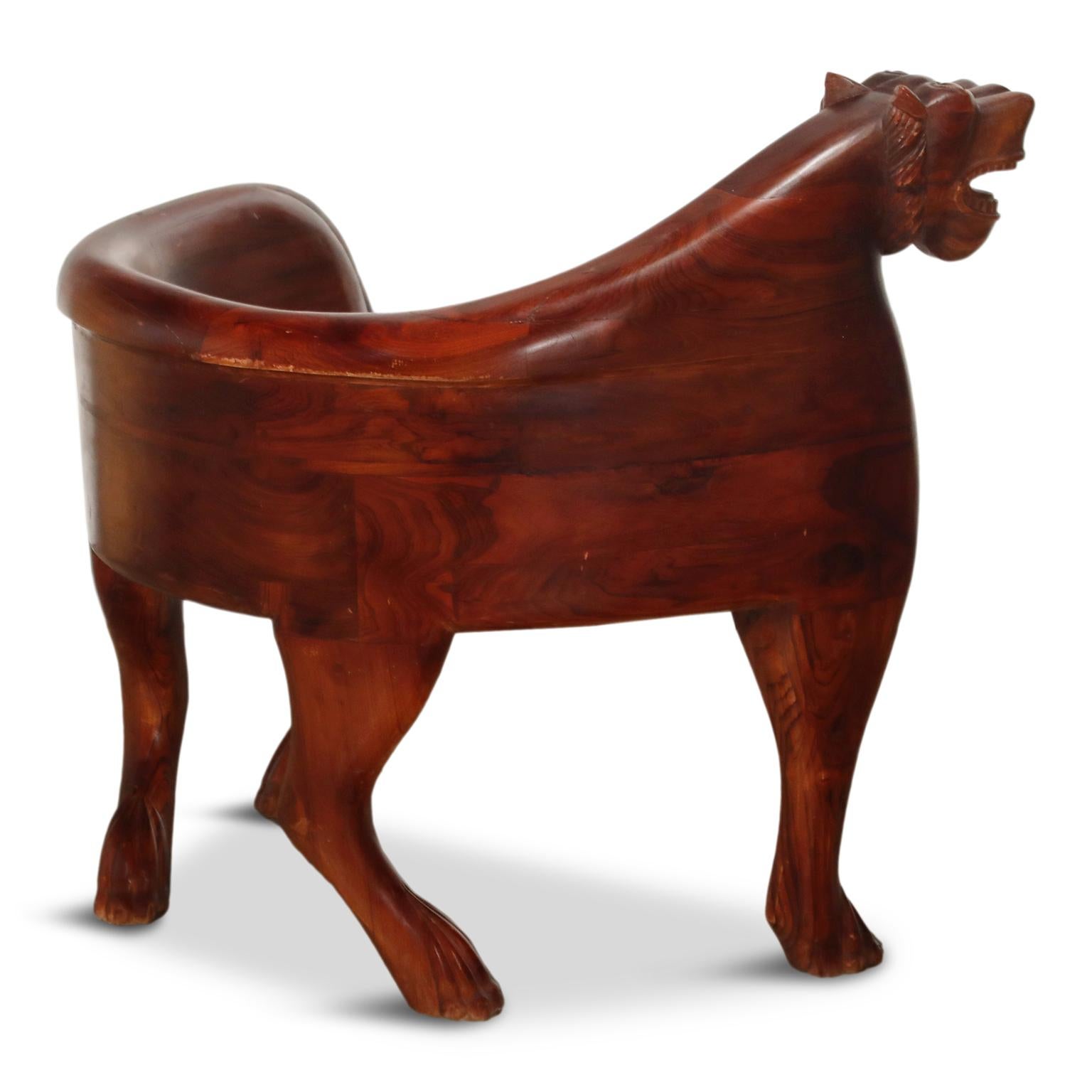 Figural Full Body Carved Teak Wood Lioness Club Chairs, Pair 2