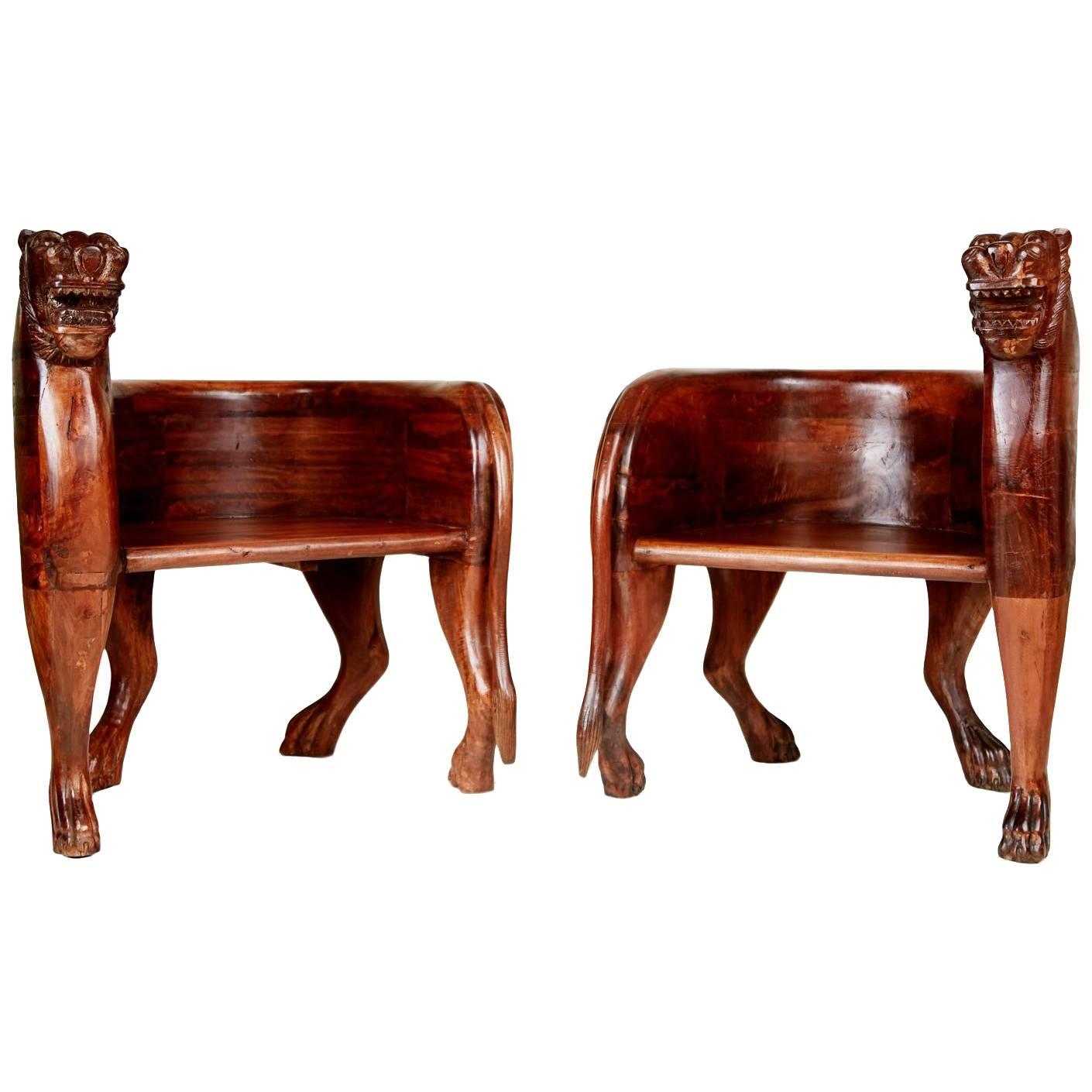 Figural Full Body Carved Teak Wood Lioness Club Chairs, Pair