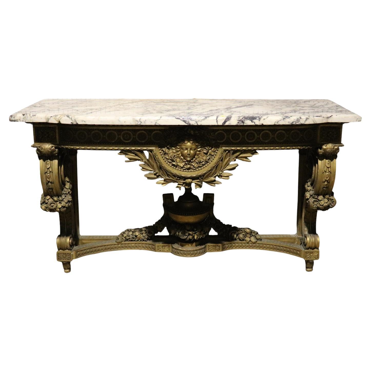 Figural Giltwood and Walnut French Belle Epoque Console Table Buffet Marble Top For Sale