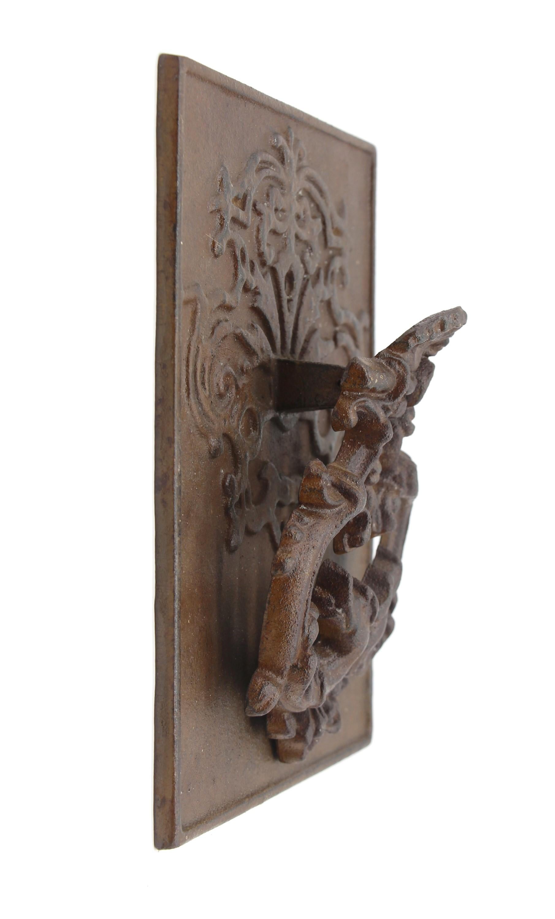 Figural Griffin Rectangular Cast Iron Ornate Door Knocker For Sale 2