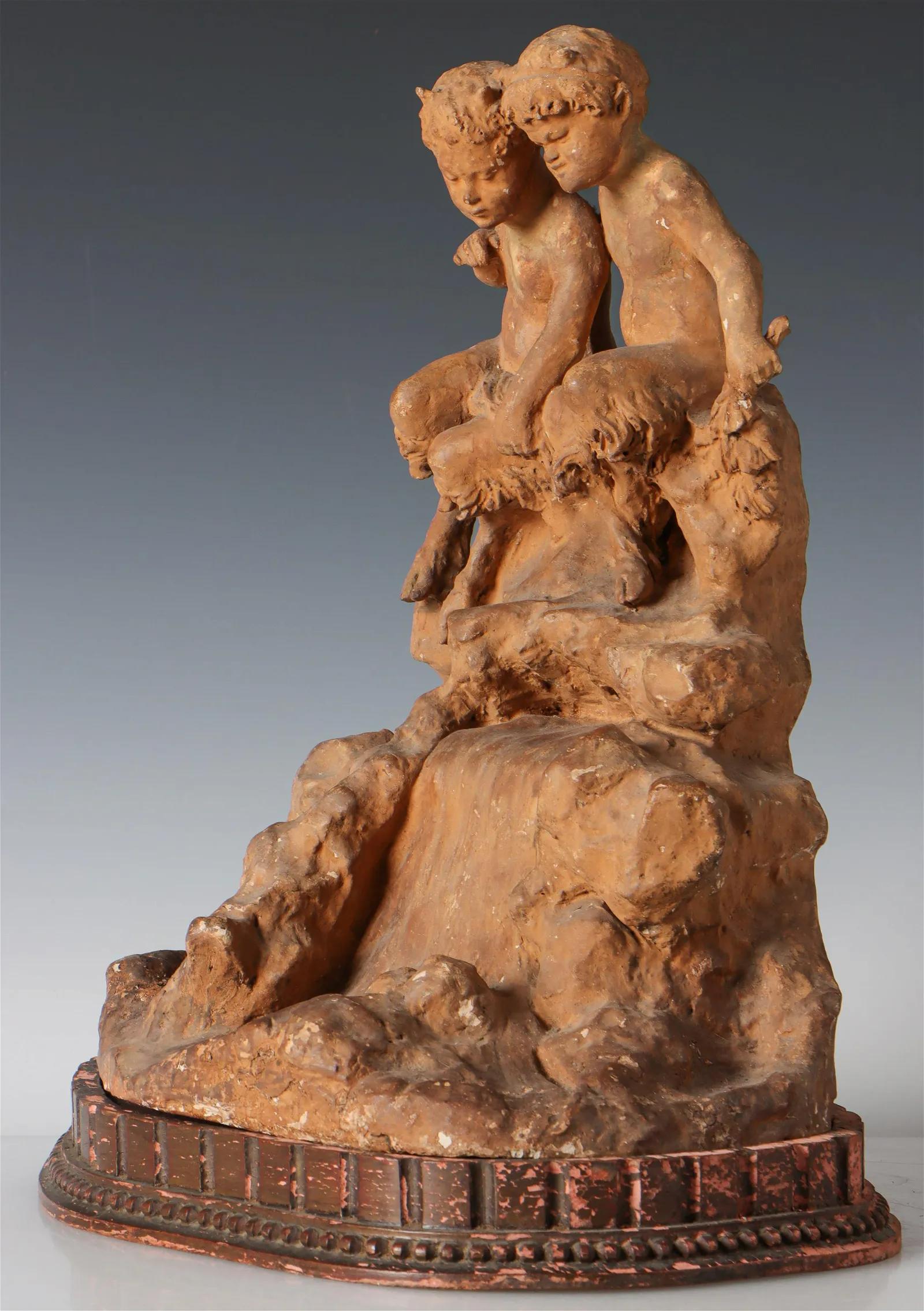 Hand-Painted Figural Group of Fauns in a Naturalistic Setting, 19th Century French For Sale