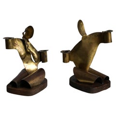 Figural Hammered Brass Candlesticks