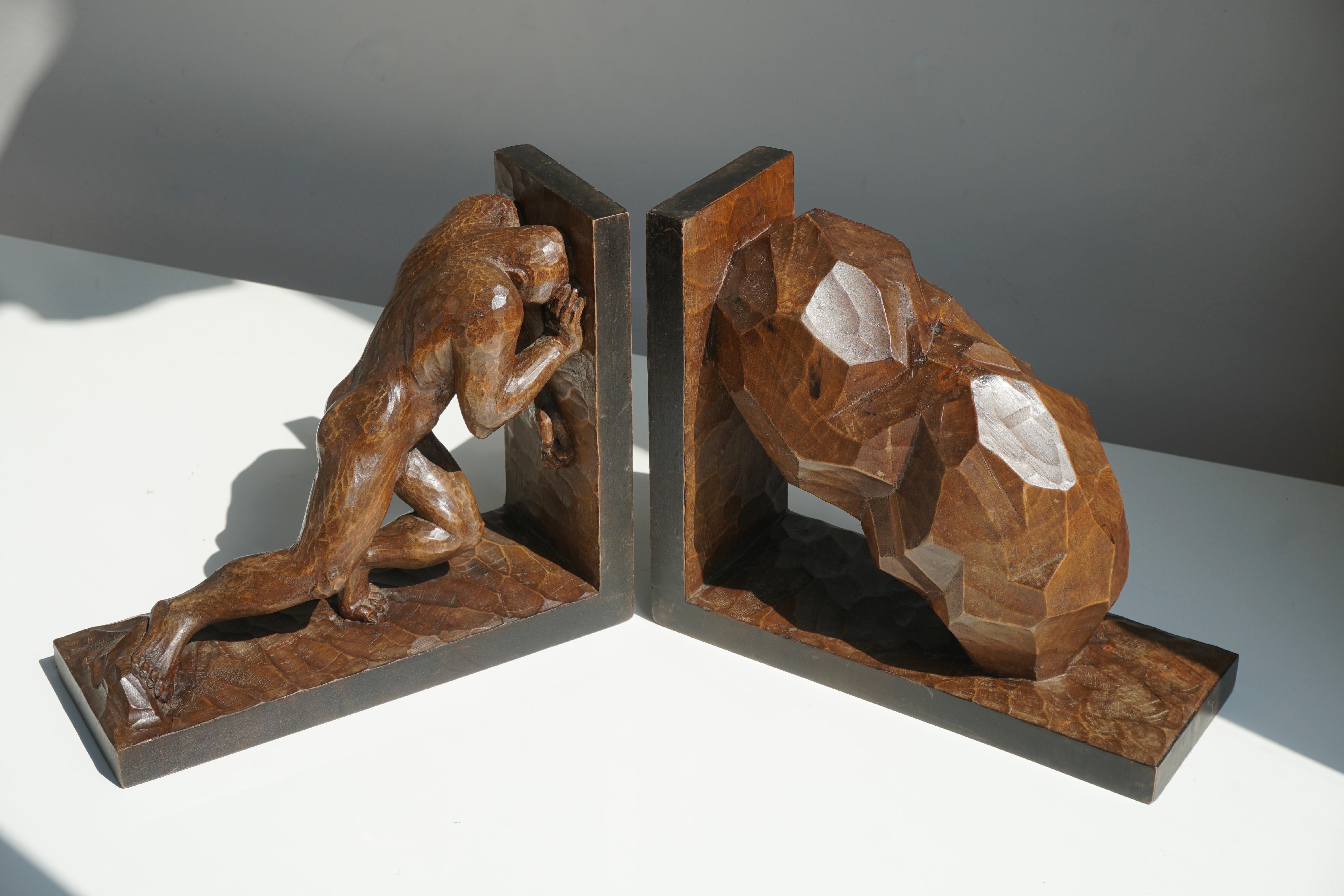 Figural Hand-Carved Wooden Art Deco Bookends Signed For Sale 6