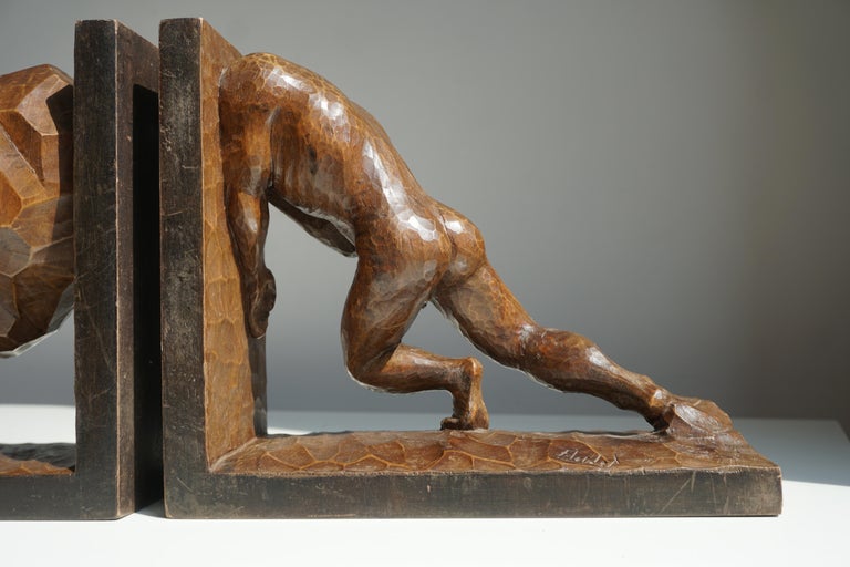 Figural Hand-Carved Wooden Art Deco Bookends Signed For Sale at