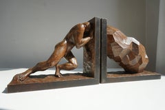 Figural Hand-Carved Wooden Art Deco Bookends Signed