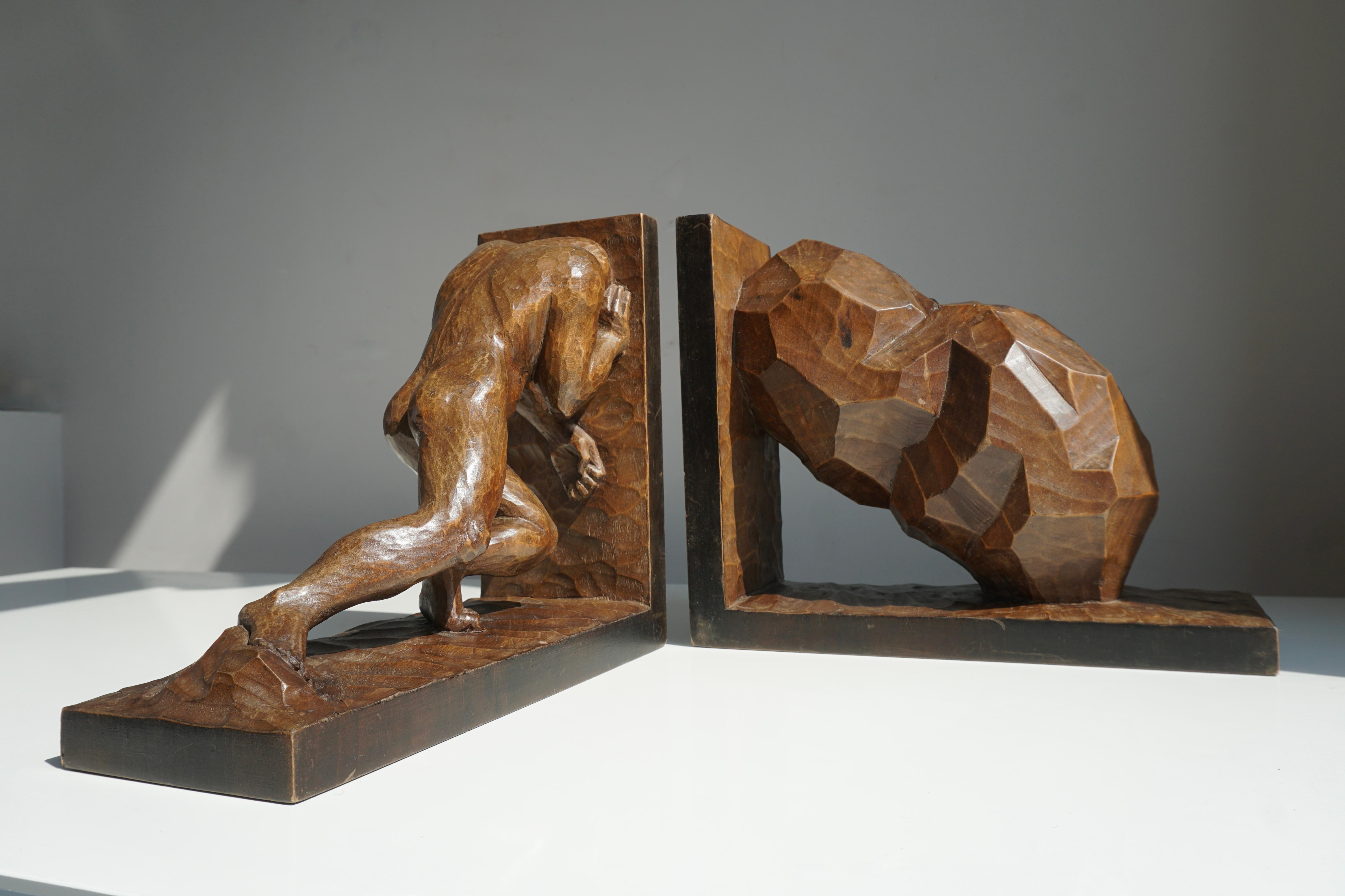 European Figural Hand-Carved Wooden Art Deco Bookends Signed For Sale