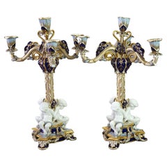 Vintage Figural Hand Painted & Gilt Porcelain Copeland Candelabra with Putti, 20th C