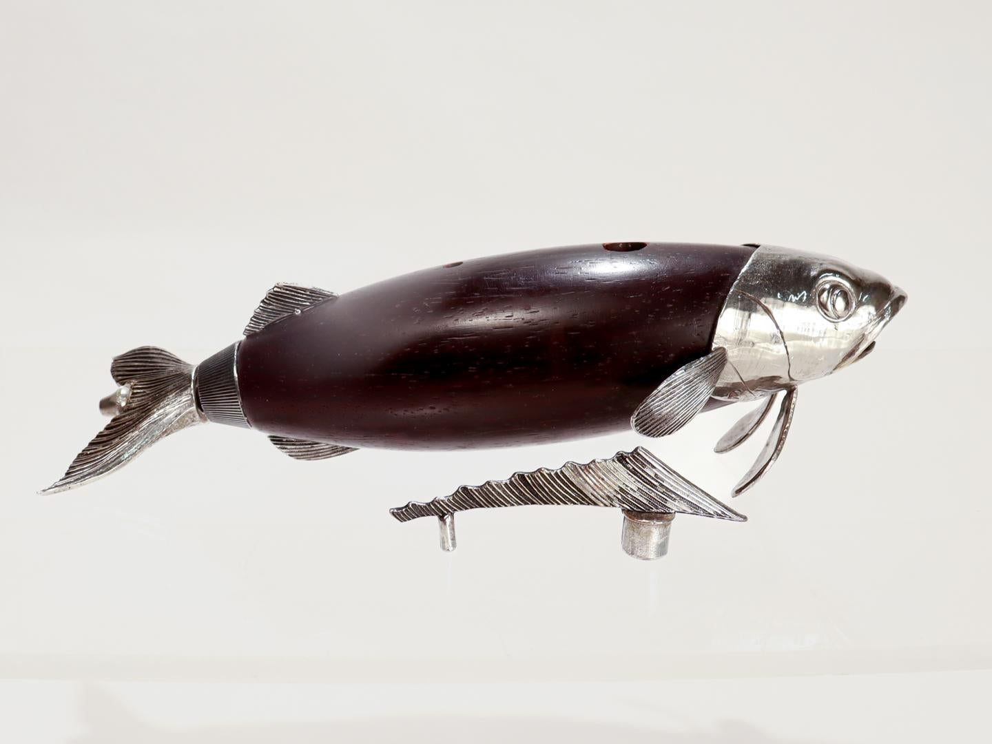 Figural Italian Tre Spade Fish Shaped Wood & Silverplate Pepper Mill or Grinder In Good Condition In Philadelphia, PA
