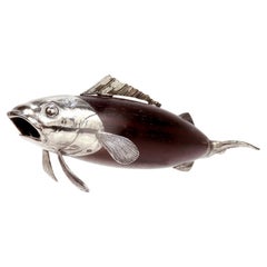 Retro Figural Italian Tre Spade Fish Shaped Wood & Silverplate Pepper Mill or Grinder