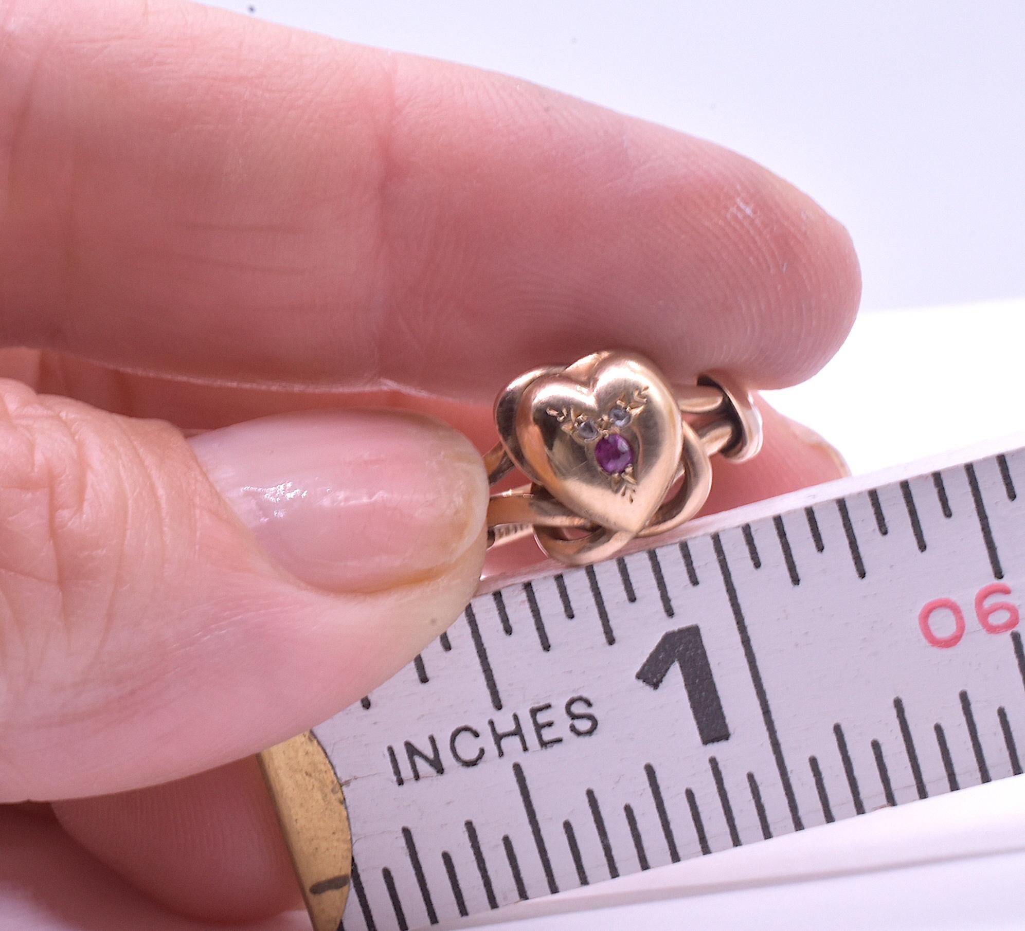 Old Mine Cut Figural Lover's Knot and Heart Ring with Diamonds and Rubies, HM 1902