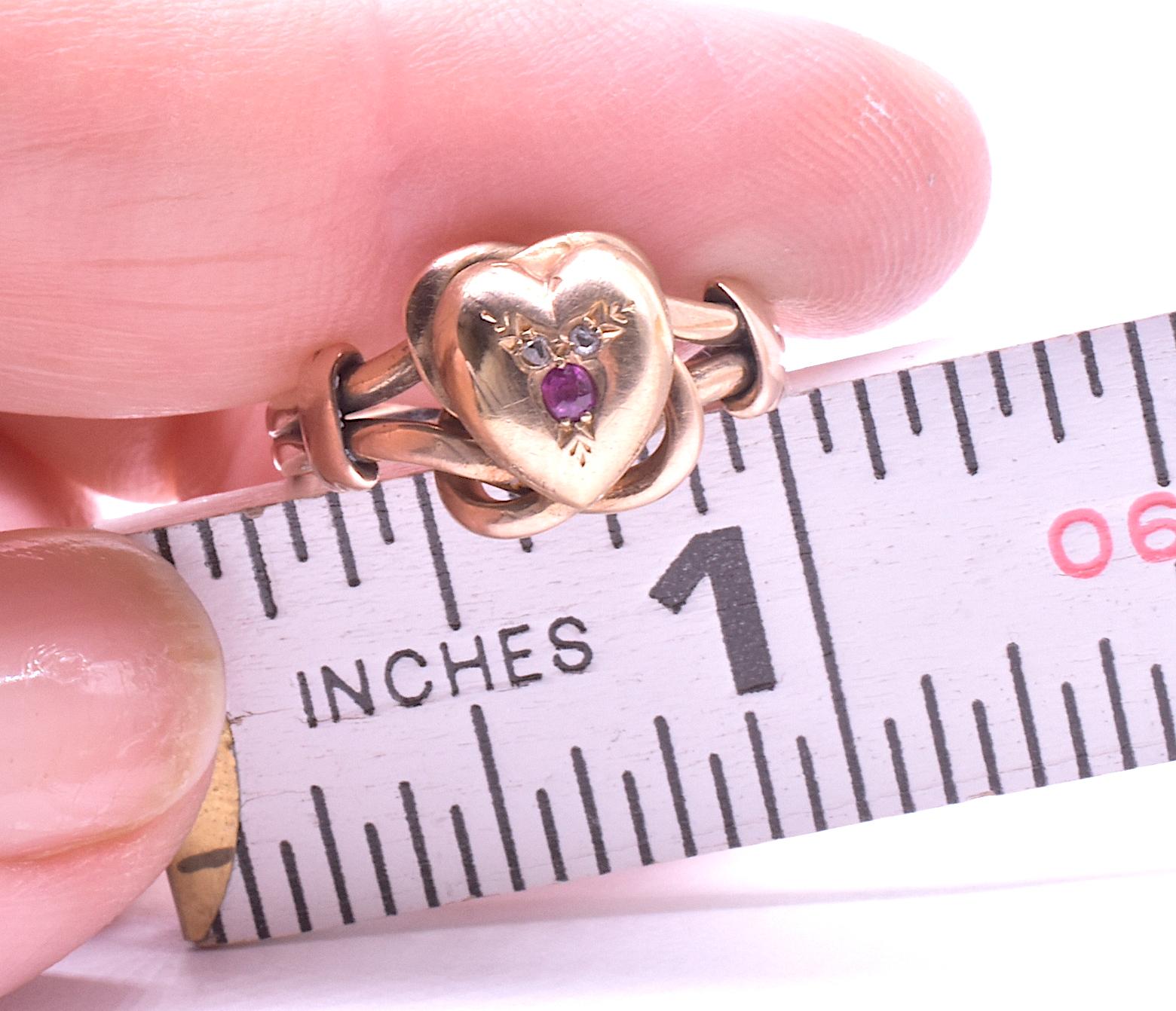 Figural Lover's Knot and Heart Ring with Diamonds and Rubies, HM 1902 In Excellent Condition In Baltimore, MD