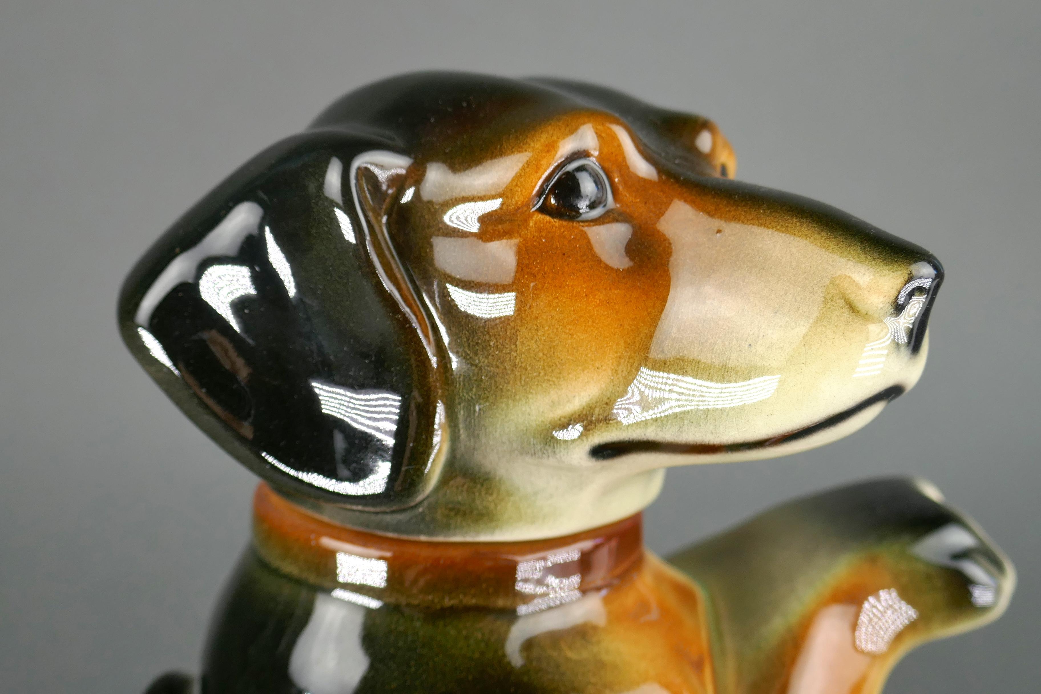 Caprichosa tetera alemana Erphila Figural Daschund. Presenta las típicas grietas en el acabado brillante, sin astillas, grietas ni reparaciones.