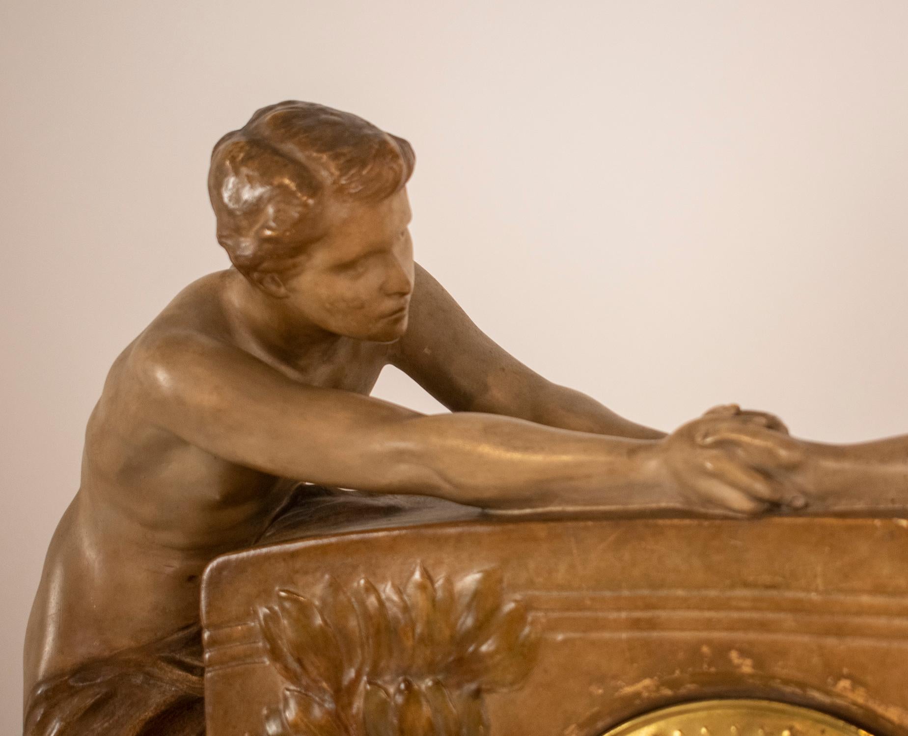 Art Nouveau Figural Mantel Clock by Goldscheider, 1890's