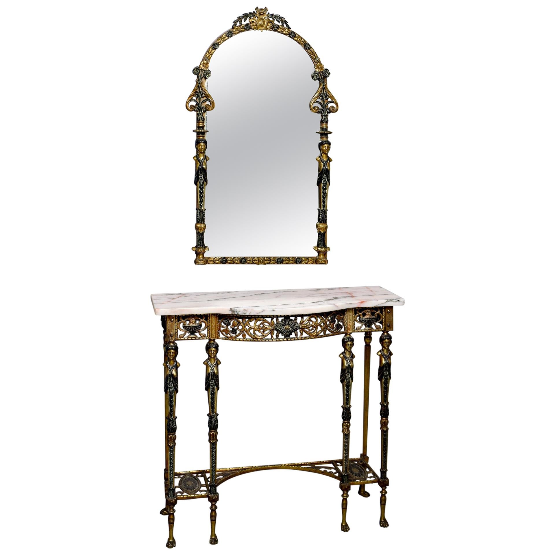 Figural Marble Bronze Console and Mirror in Manner of Oscar Bach For Sale