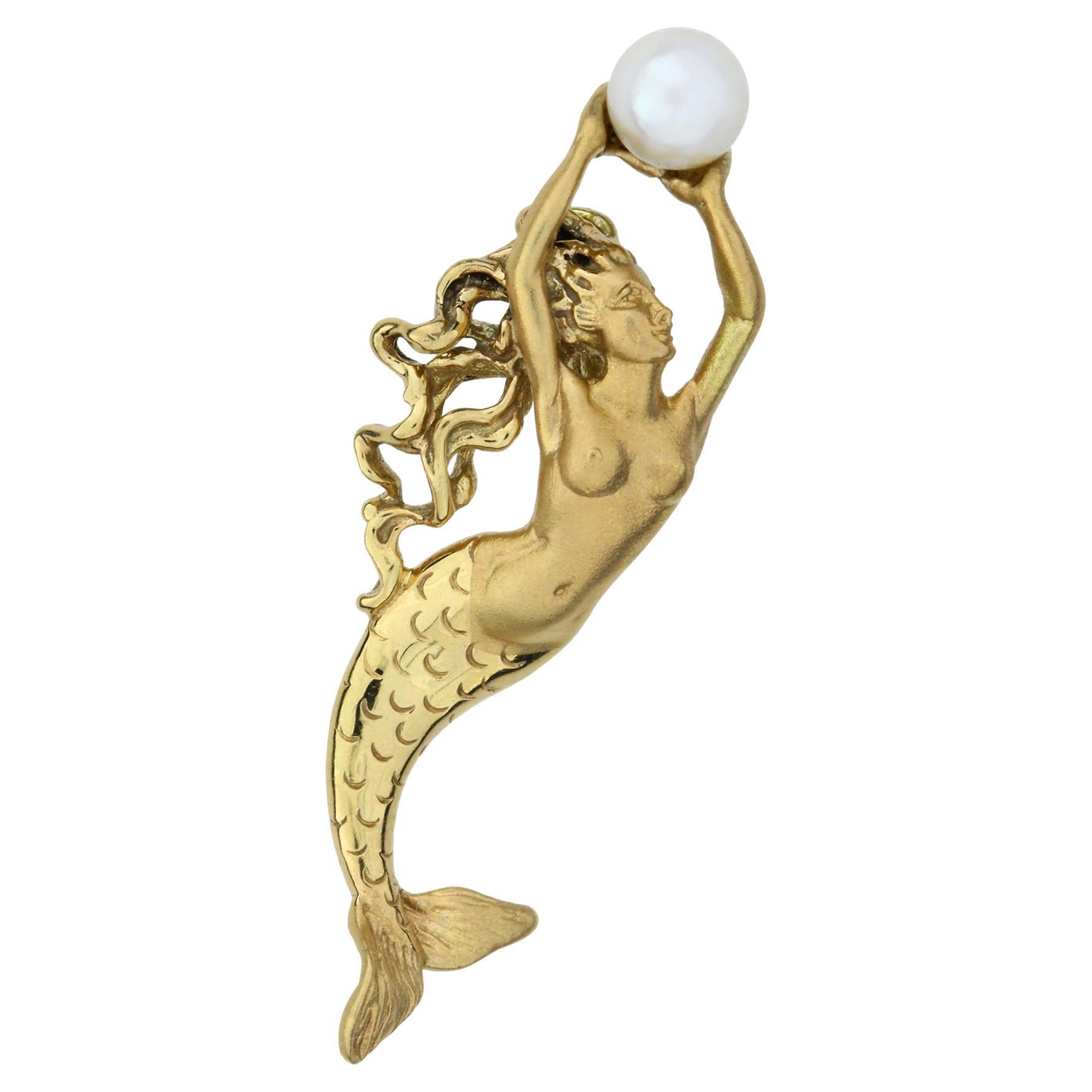Figural Mermaid Pendant 14K with Pearl For Sale
