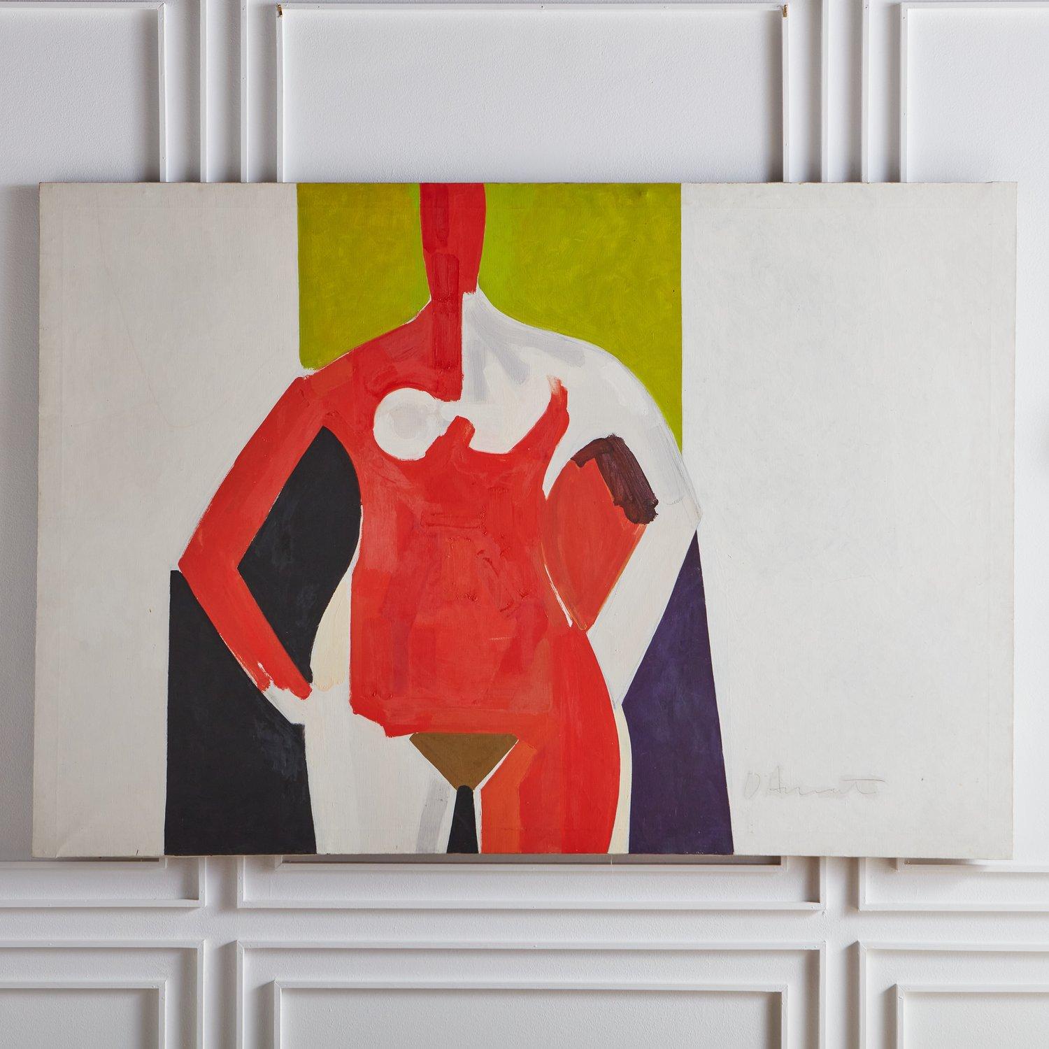A large figural modernist painting on canvas by George D’Amato, 1990s. This gorgeous artwork features vibrant red, green and black hues. Artist signature on the lower right.

George D’Amato was an award winning American art director who sold in