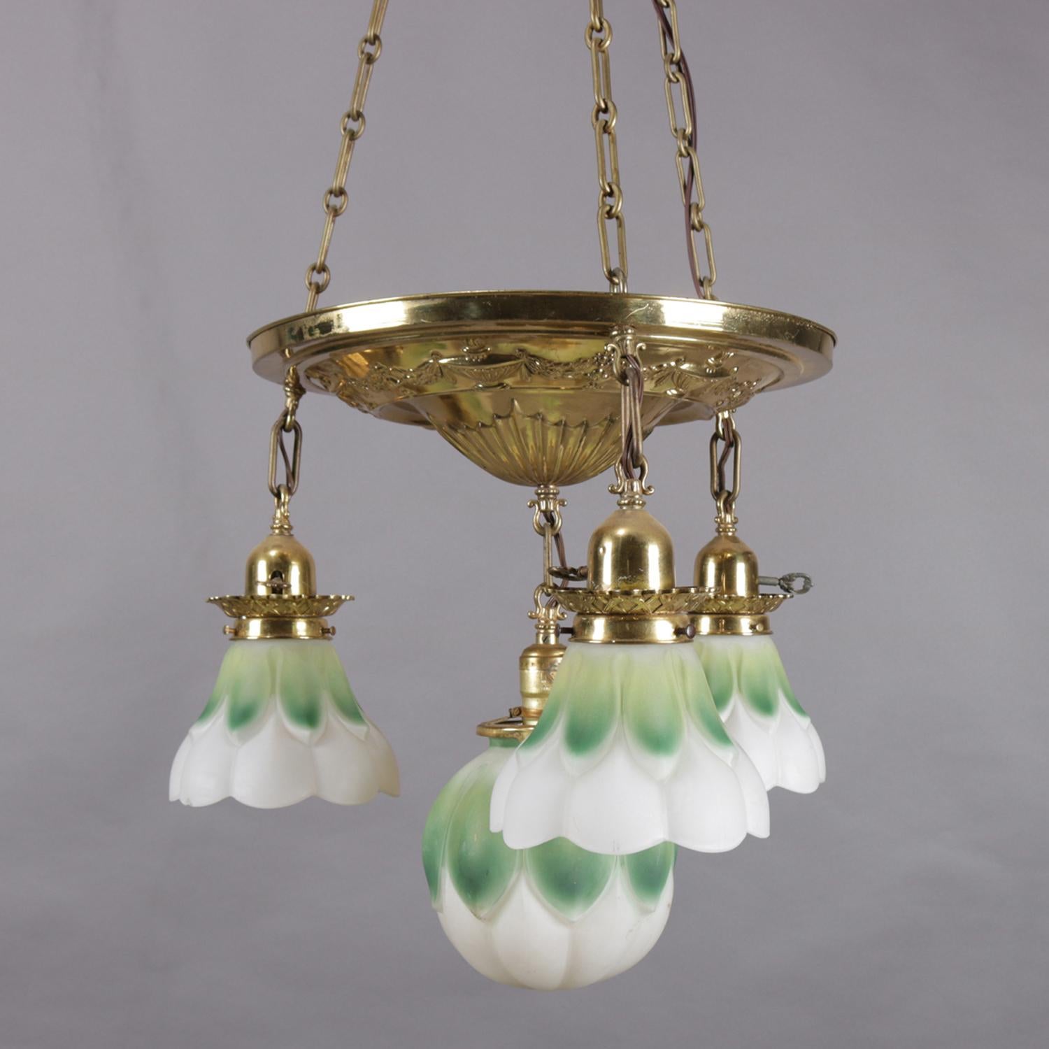 American Figural Neoclassical Brass Ceiling Light Fixture with Floral Form Shades