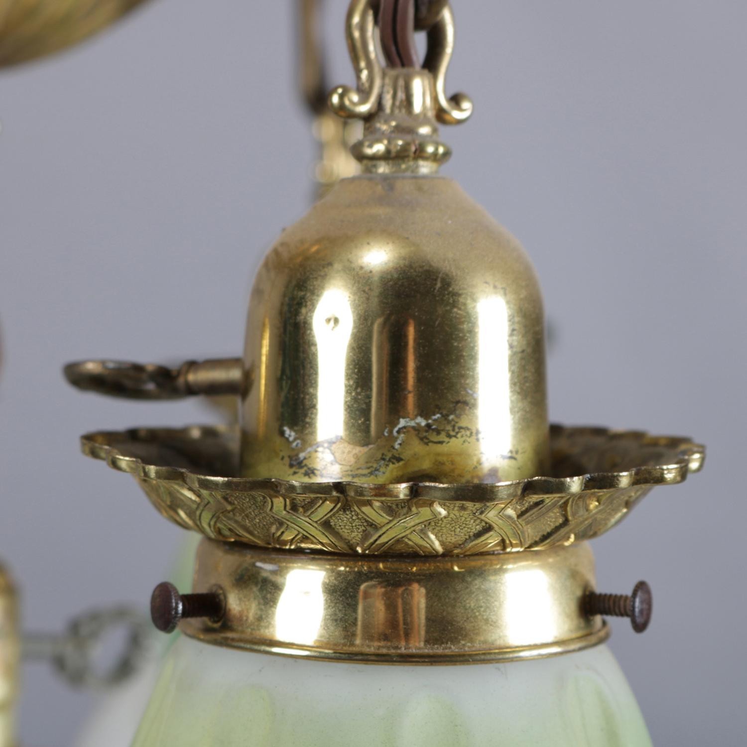 Figural Neoclassical Brass Ceiling Light Fixture with Floral Form Shades In Good Condition In Big Flats, NY