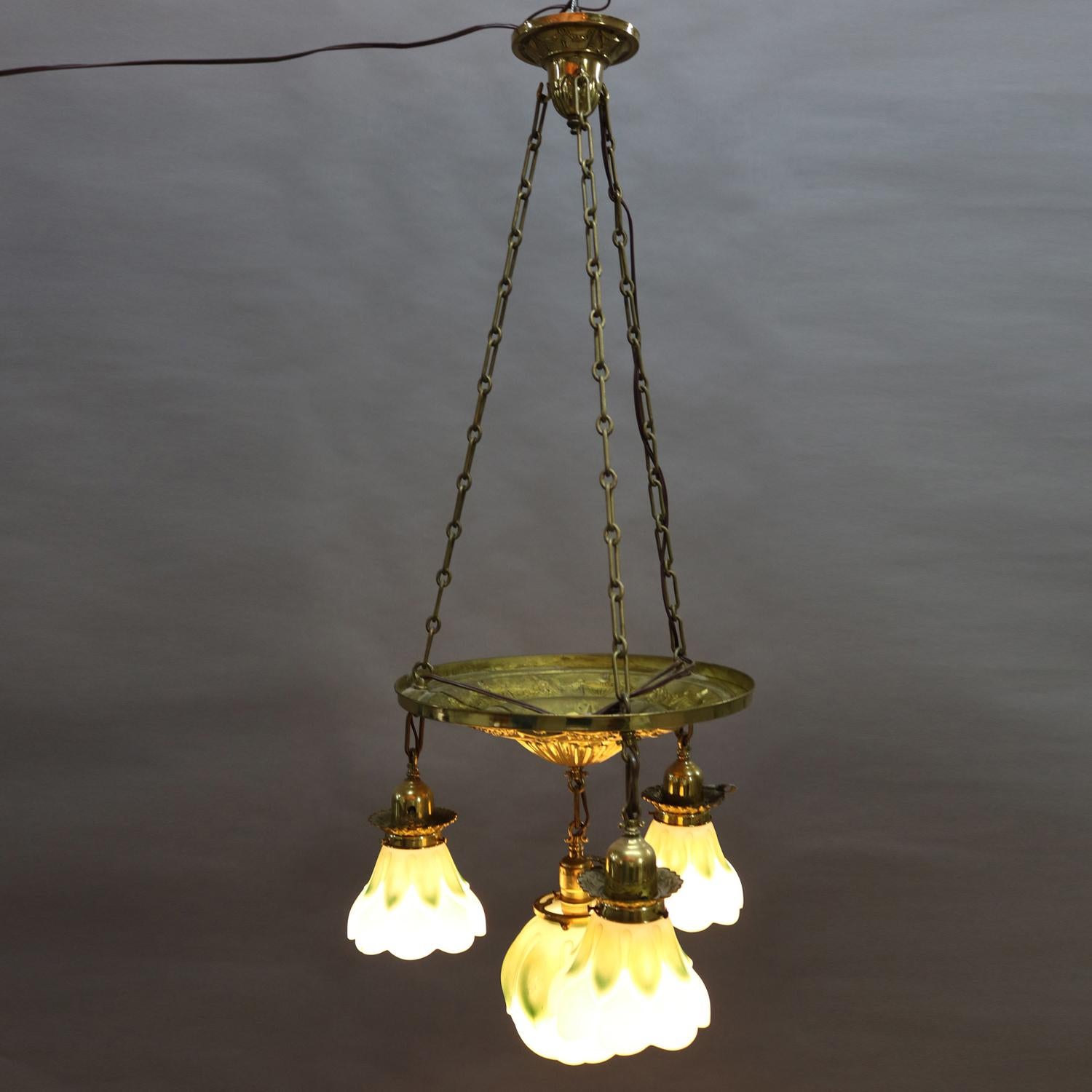 20th Century Figural Neoclassical Brass Ceiling Light Fixture with Floral Form Shades