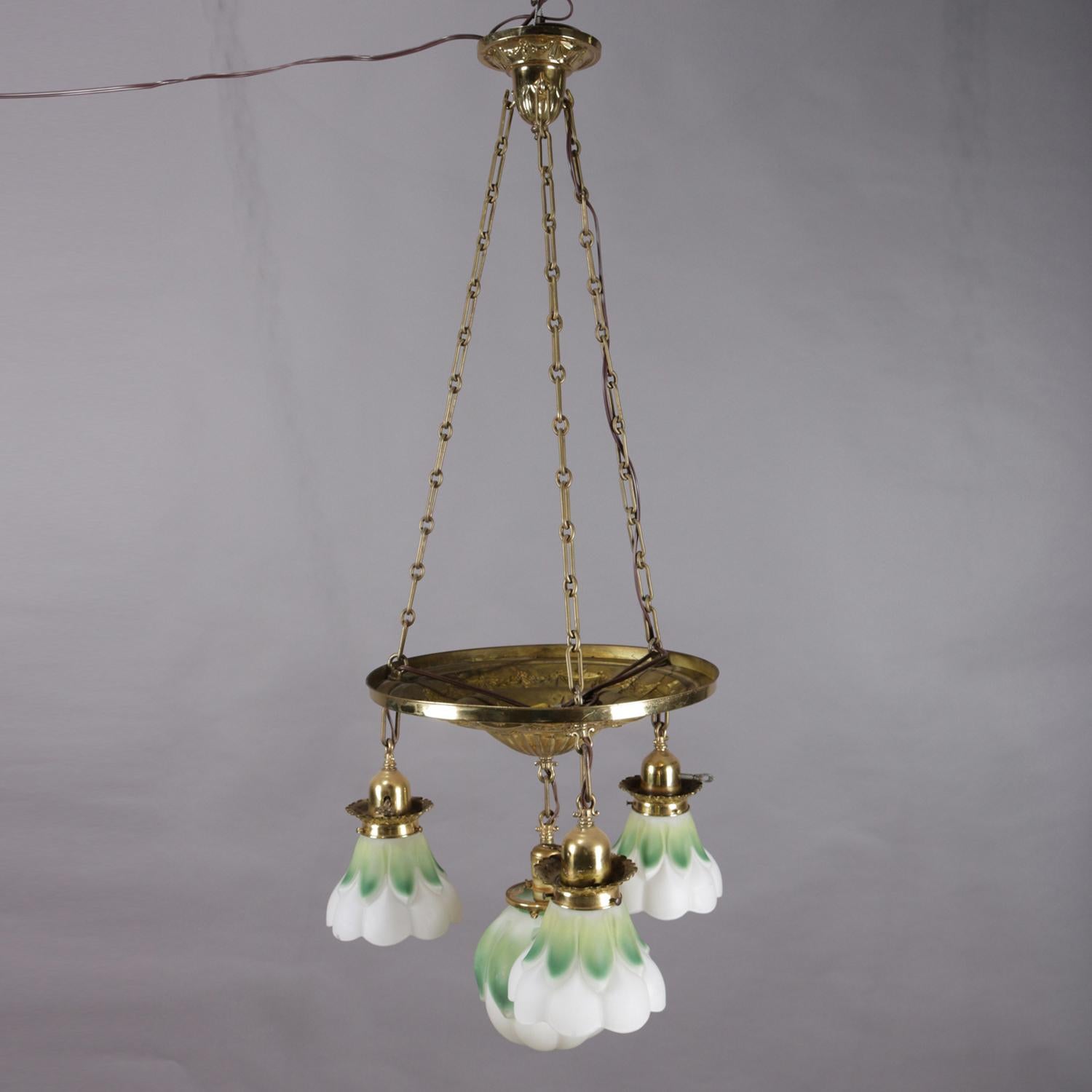 Figural Neoclassical Brass Ceiling Light Fixture with Floral Form Shades 1
