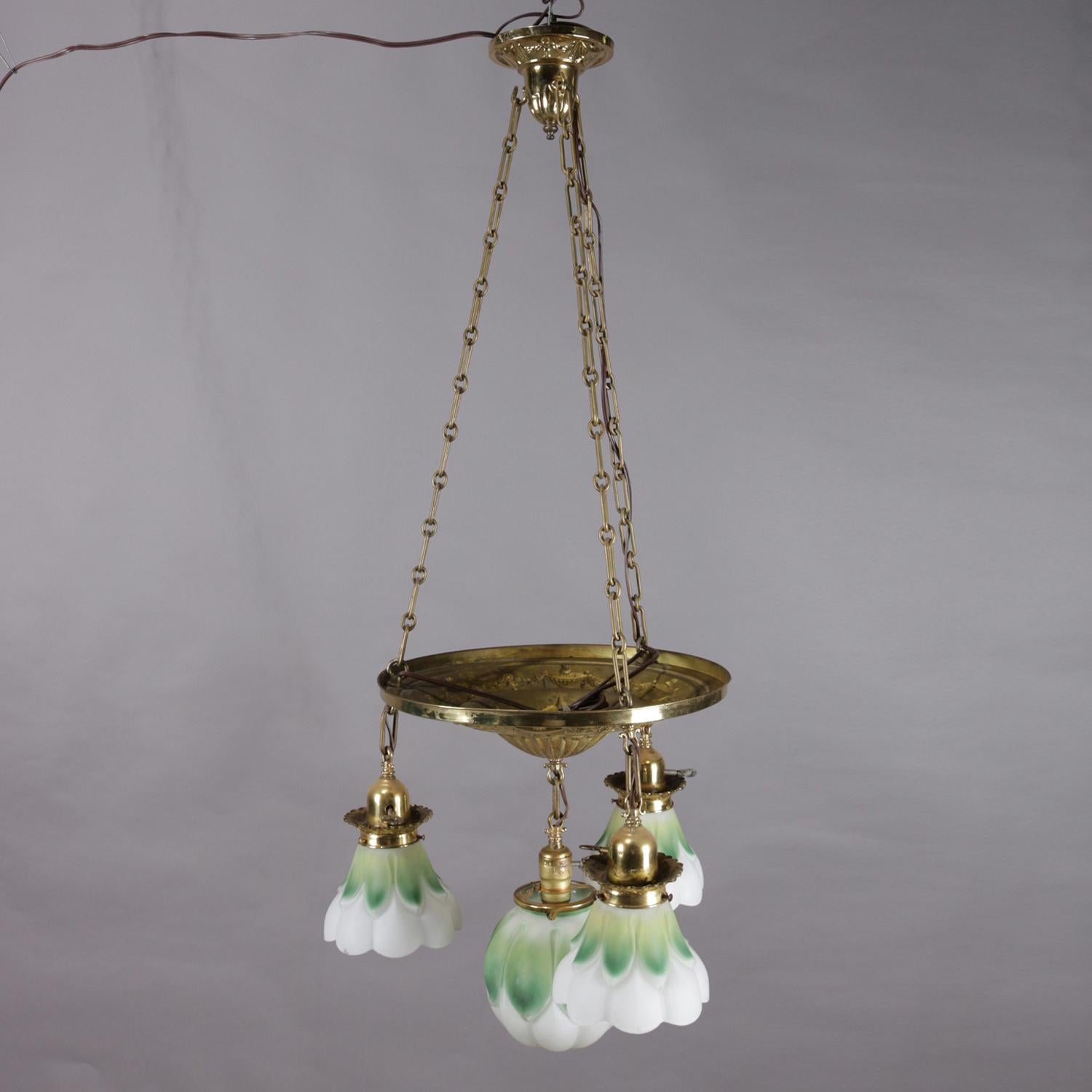 Figural Neoclassical Brass Ceiling Light Fixture with Floral Form Shades 2