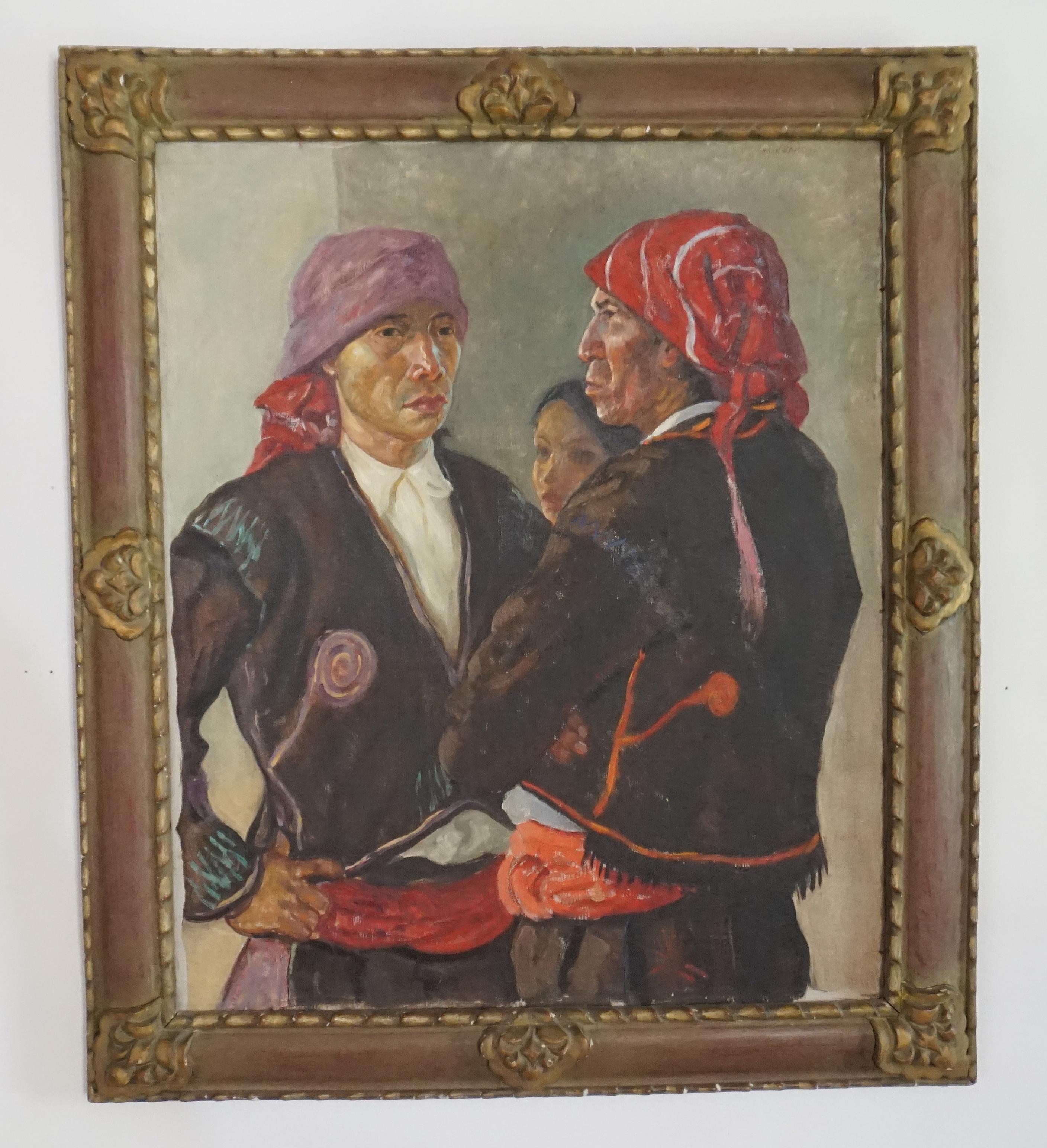 Oil on canvas painting by renowned Guatemalan painter Humberto Garavito portraying two colorfully attired gentlemen and a lady presumably indigenous residents of Todos Santos Cuchumatán at All Saint's Day, housed in a period painted and carved