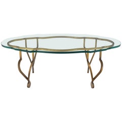 Figural Oval 3/4 Glass Gold Wrought Iron Base Coffee Table