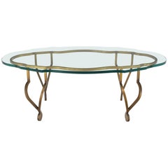 Figural Oval 3/4 Glass Gold Wrought Iron Base Coffee Table