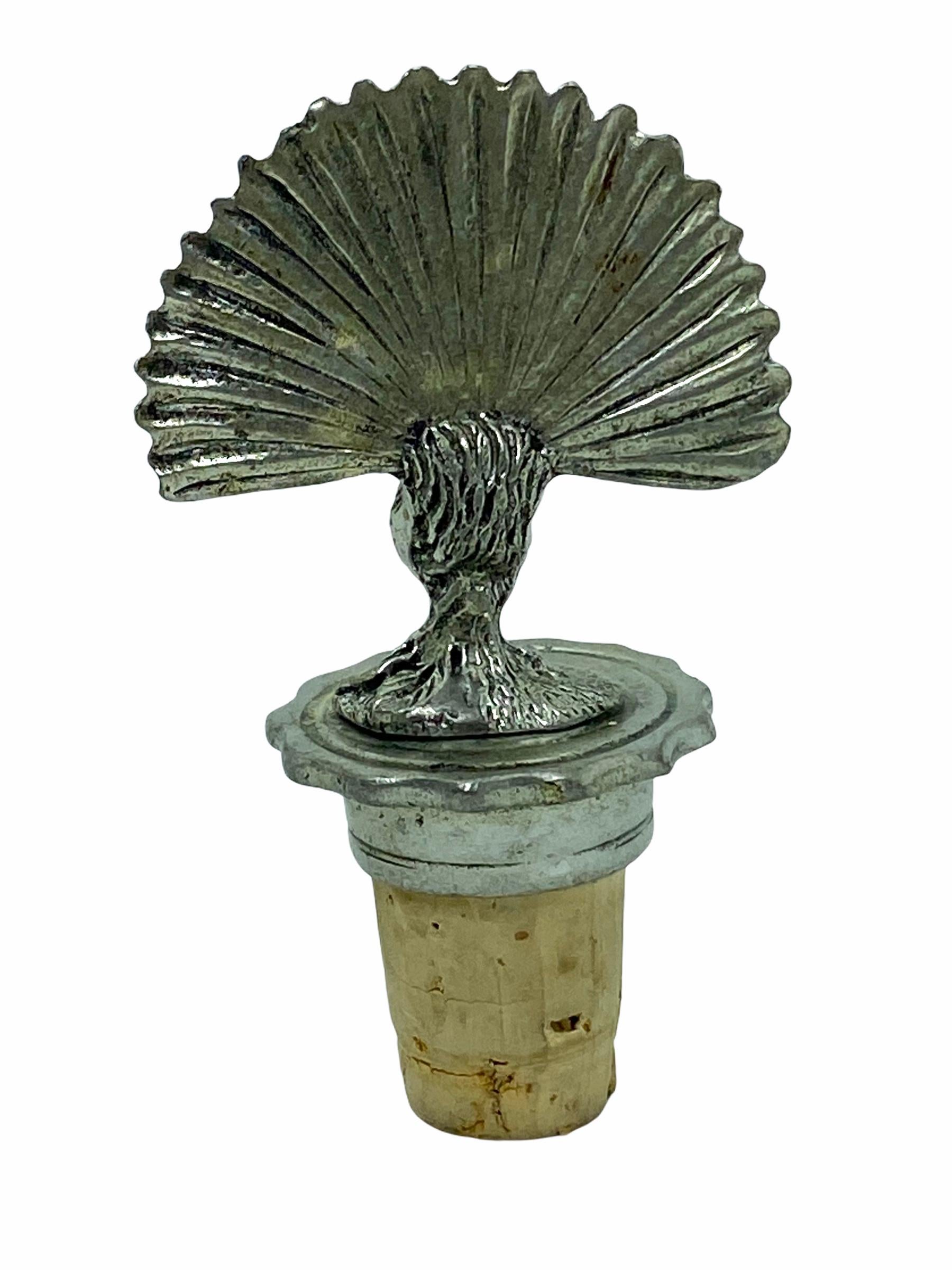 Art Nouveau Figural Peacock Metal Bottle Stopper Topper Barware, German, 1950s
