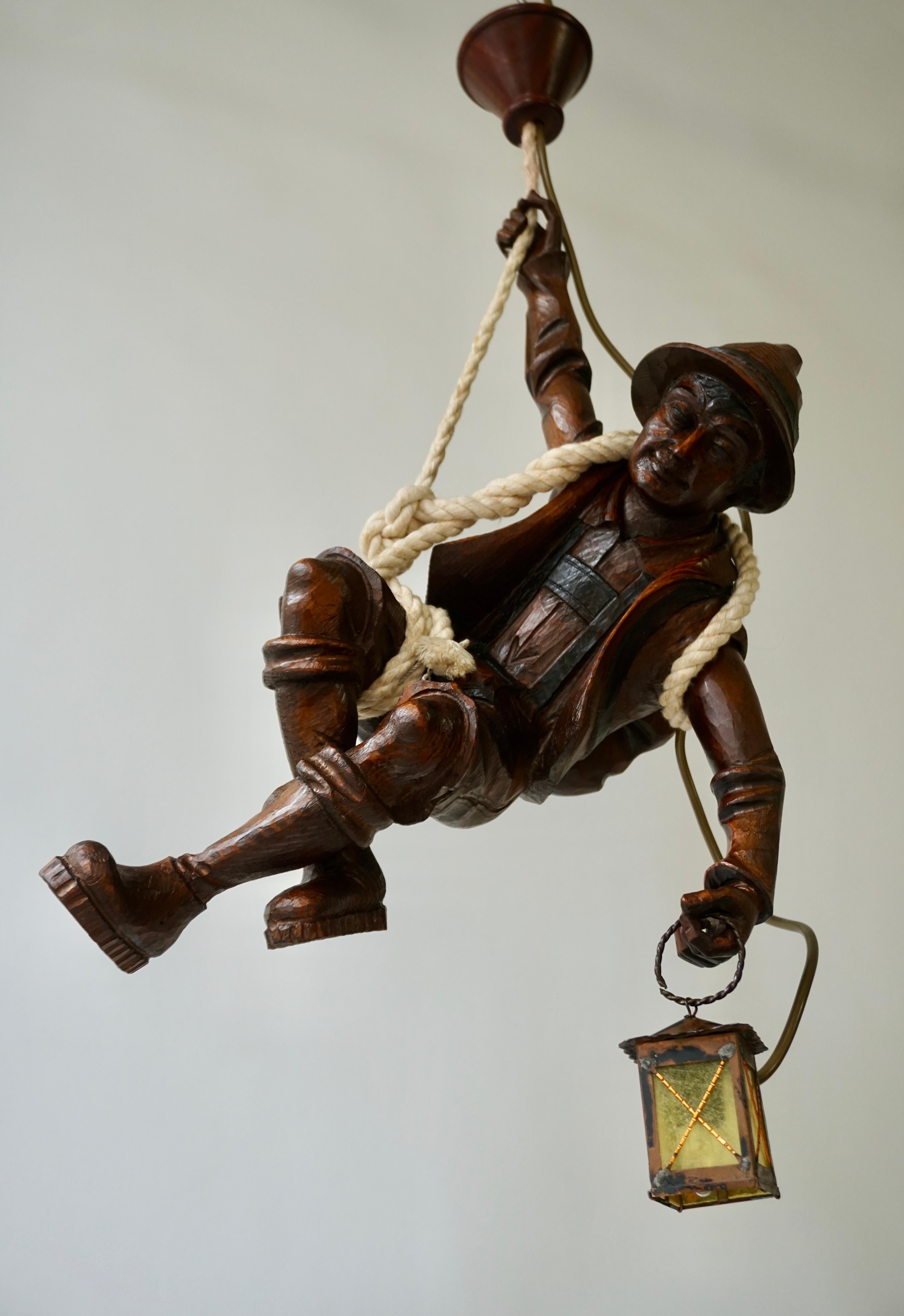 Figural Pendant Lamp of a Mountain Climber with a Lantern in Black Forest Style 11