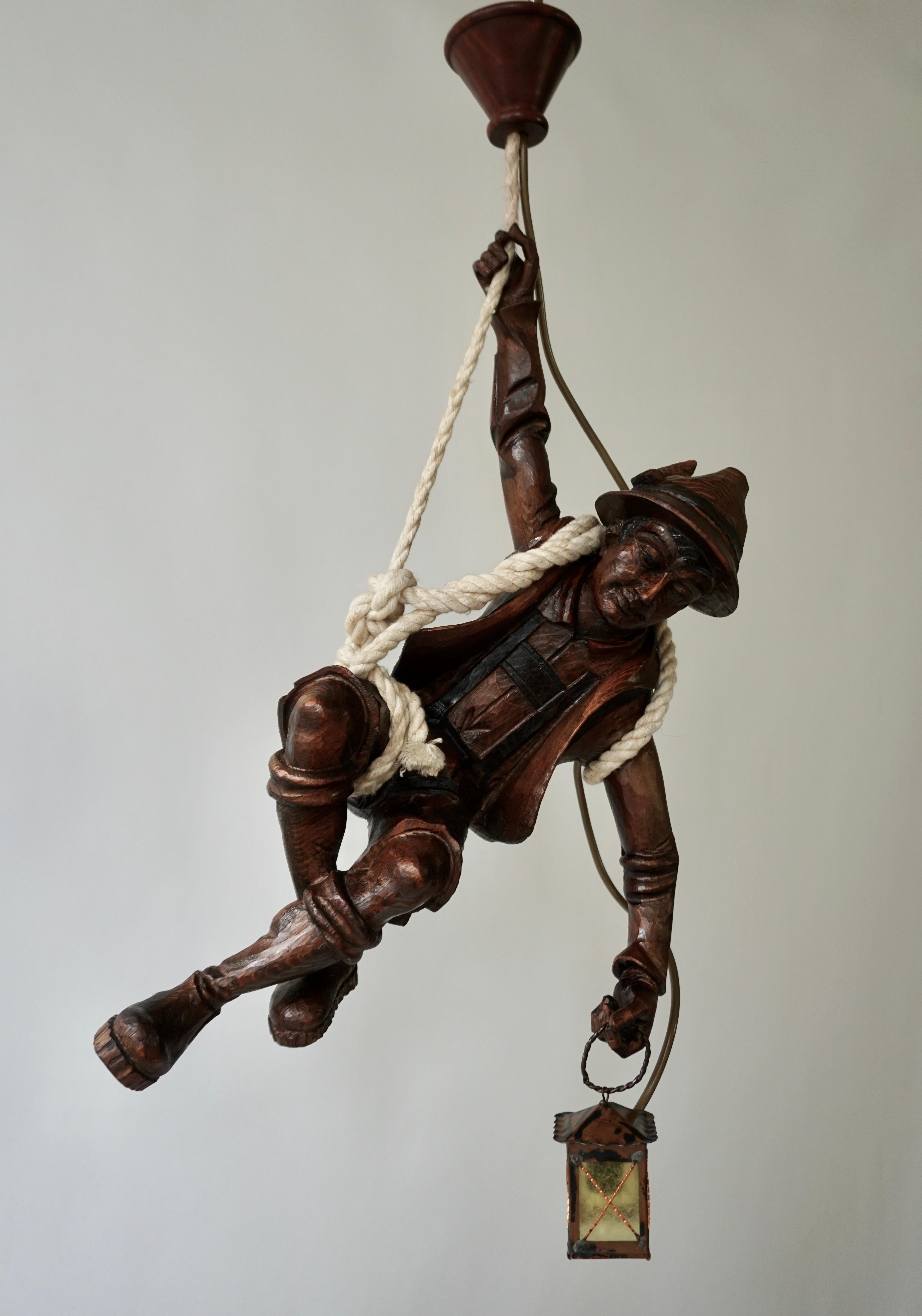 German Figural Pendant Lamp of a Mountain Climber with a Lantern in Black Forest Style
