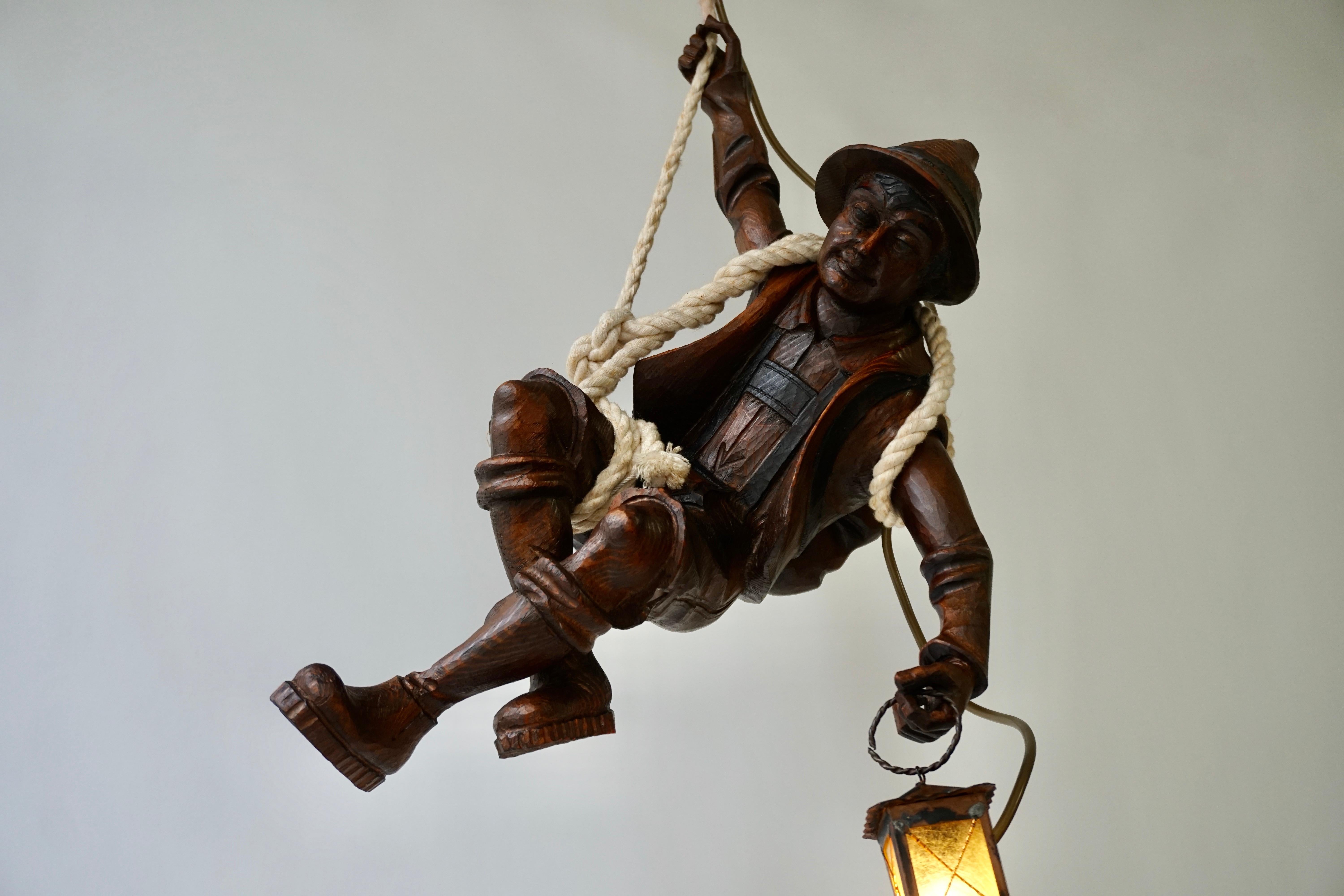 20th Century Figural Pendant Lamp of a Mountain Climber with a Lantern in Black Forest Style