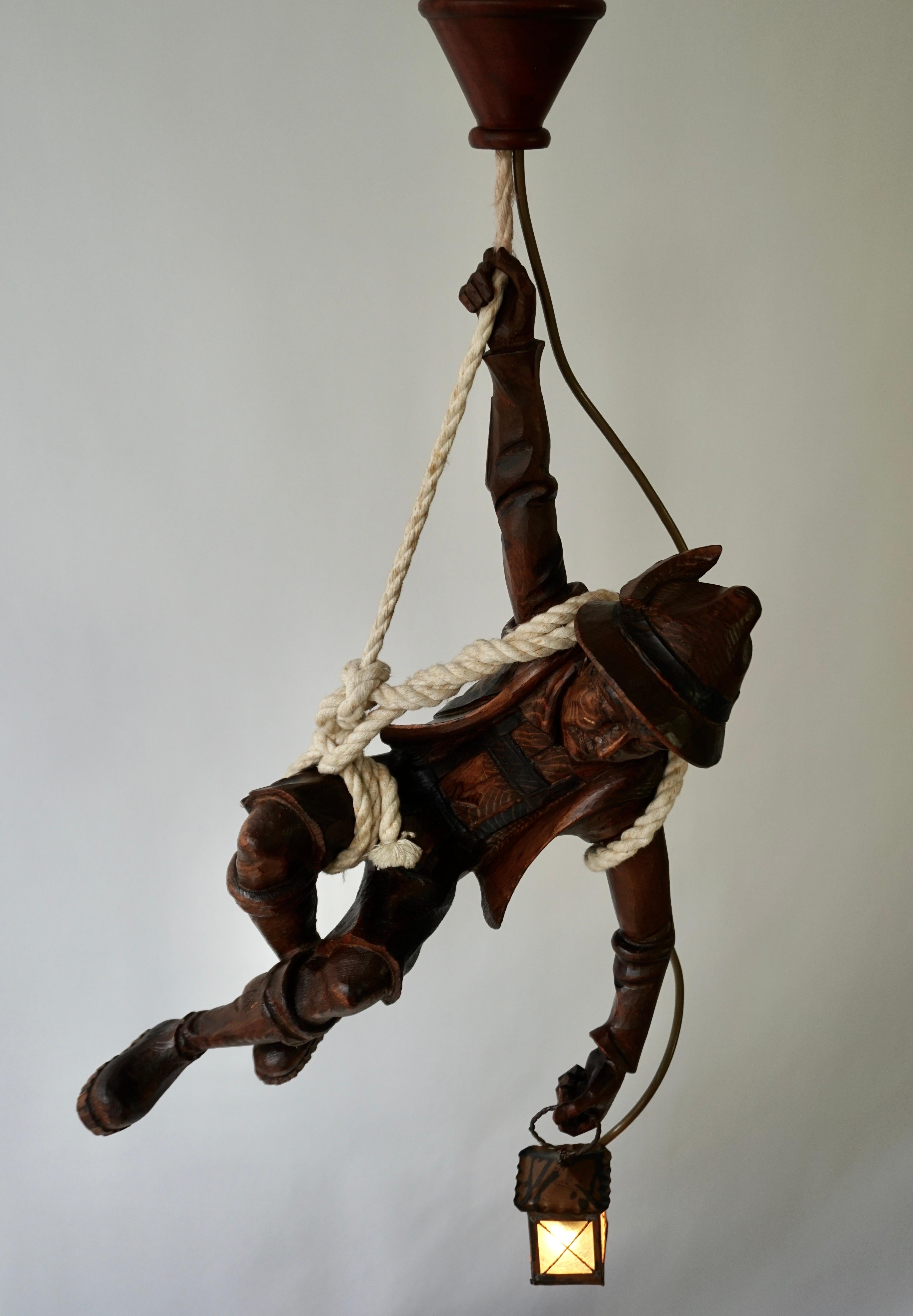 Brass Figural Pendant Lamp of a Mountain Climber with a Lantern in Black Forest Style