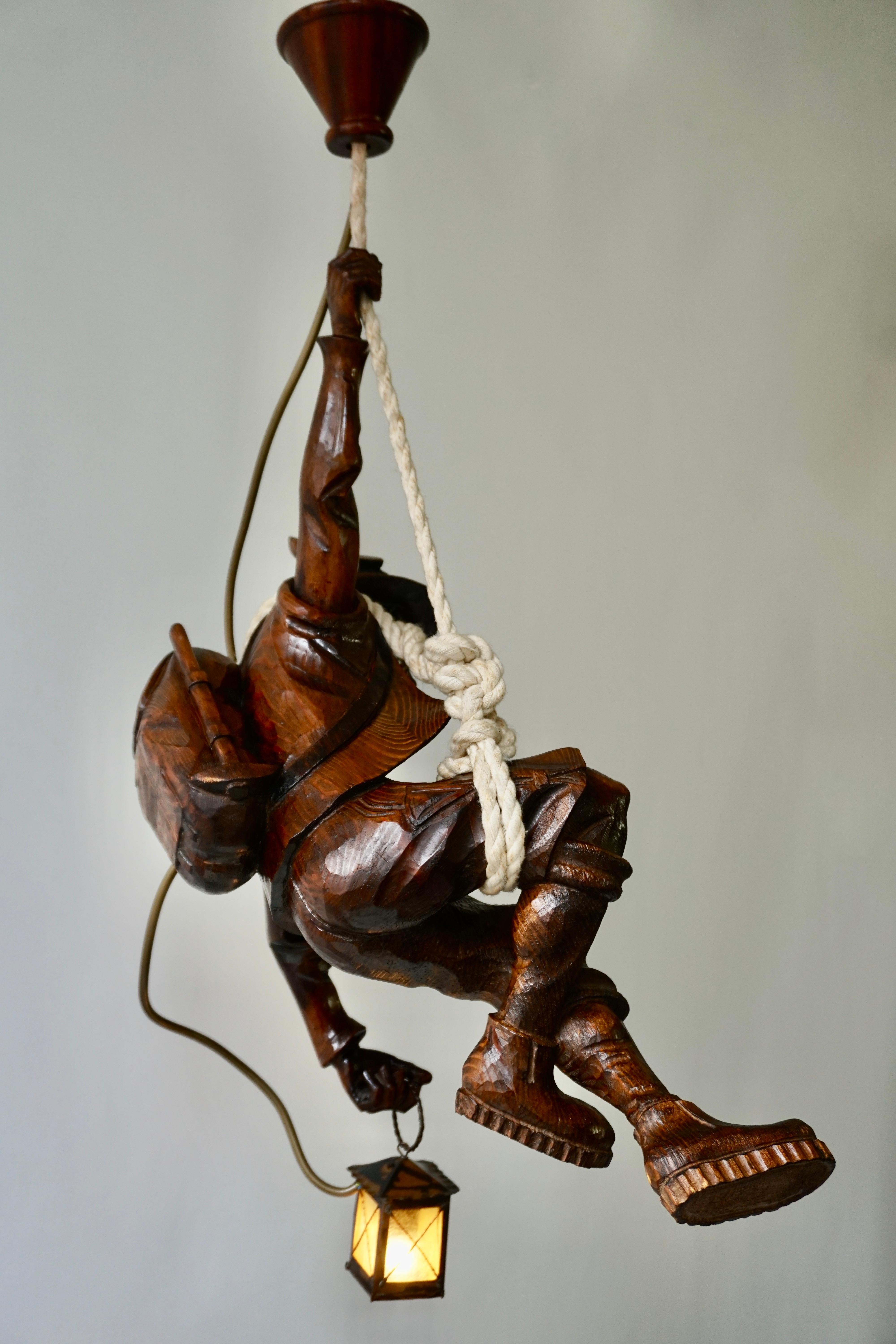 Figural Pendant Lamp of a Mountain Climber with a Lantern in Black Forest Style 2