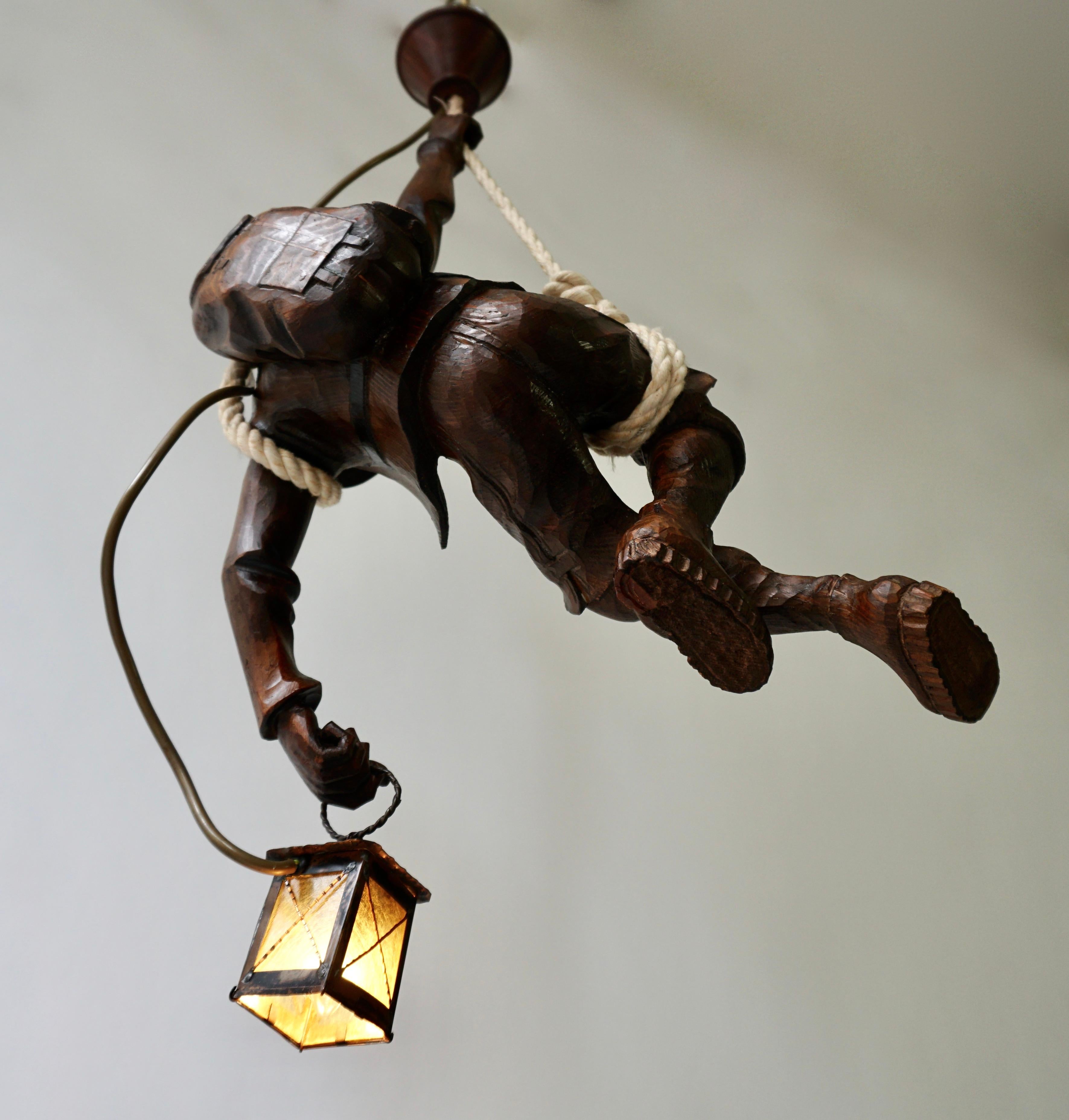 Figural Pendant Lamp of a Mountain Climber with a Lantern in Black Forest Style 3