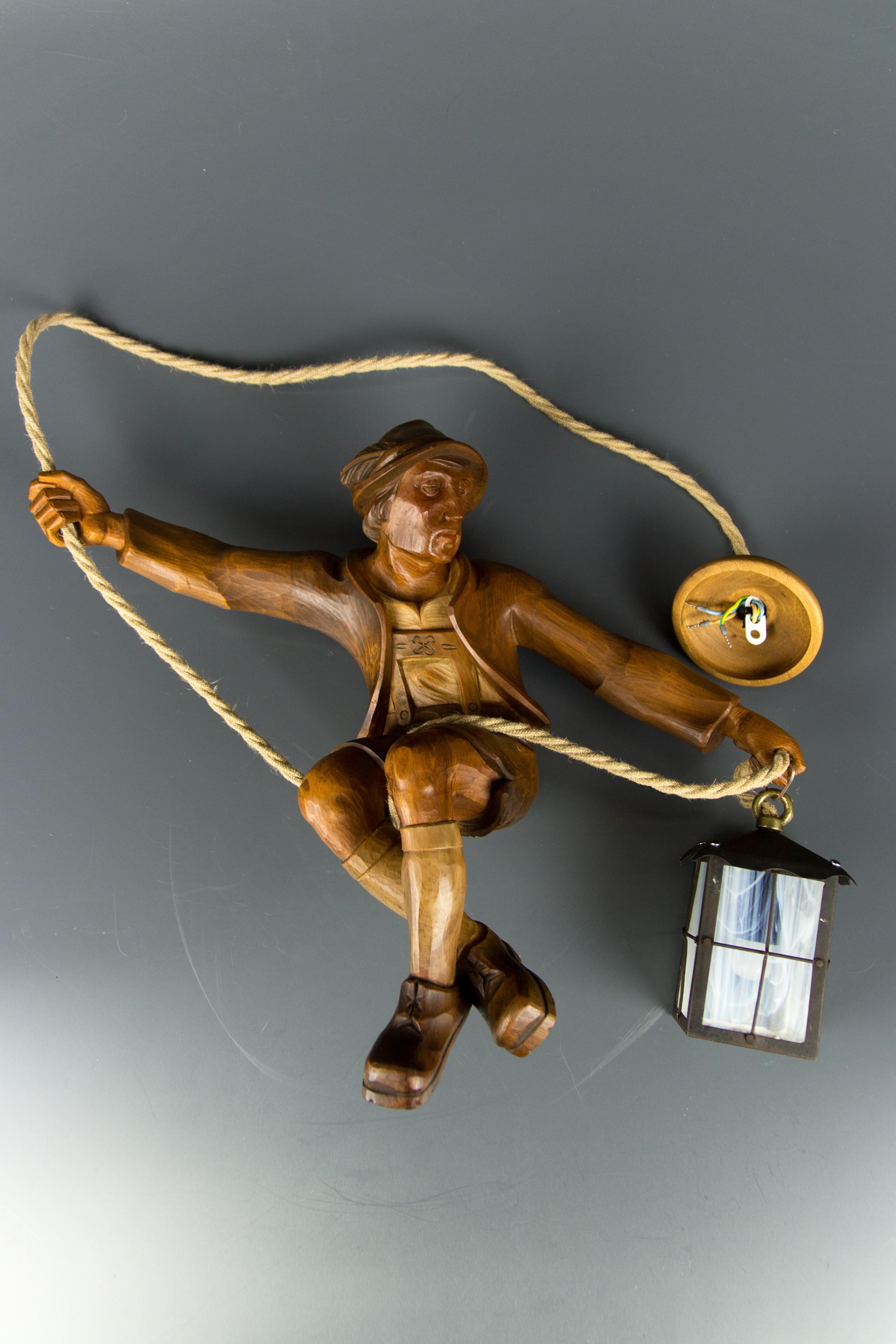 Figural Pendant Light of a Hand Carved Wood Figure Mountain Climber with Lantern 5