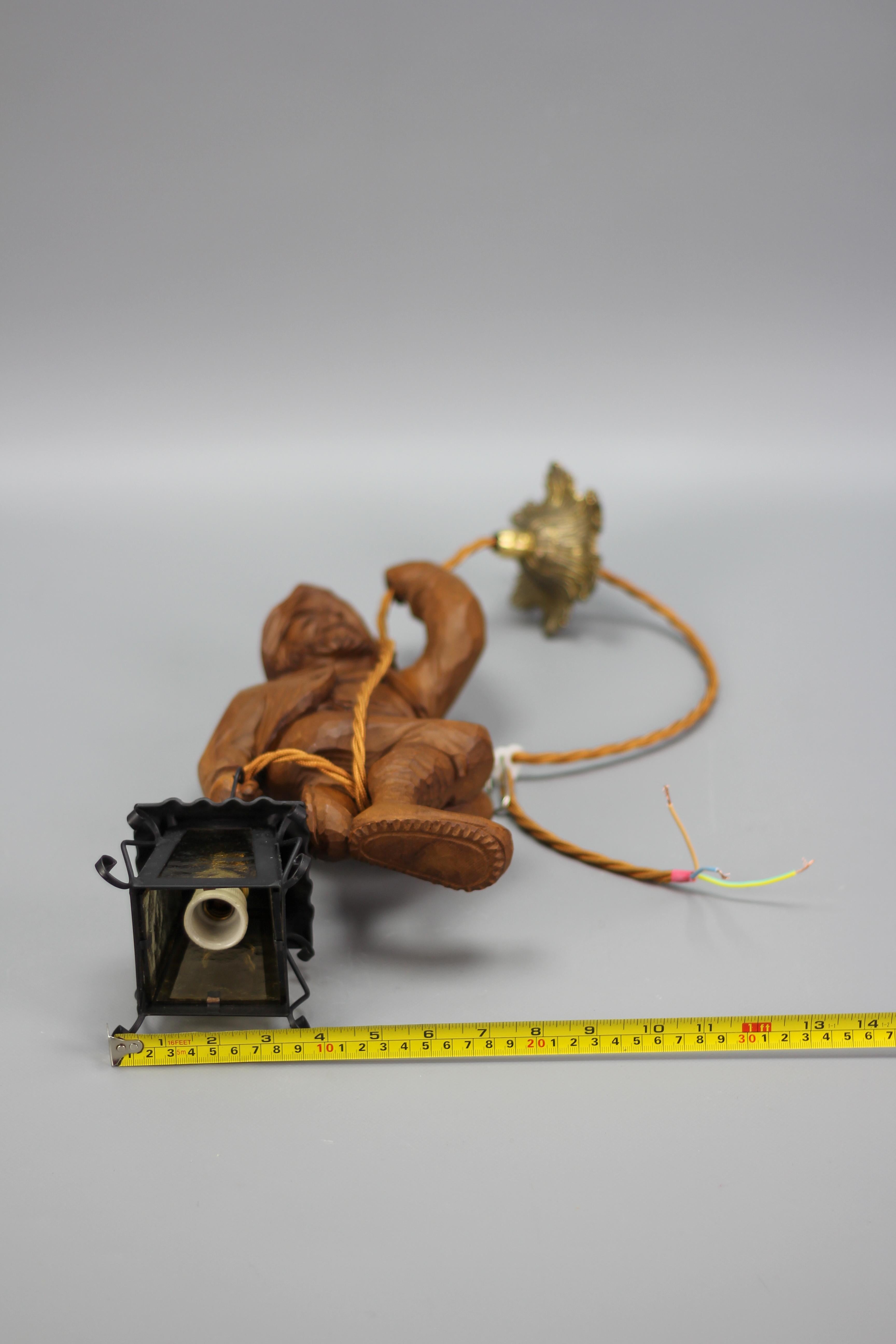 Figural Pendant Light with a Carved Mountain Climber Figure and Lantern, Germany 7